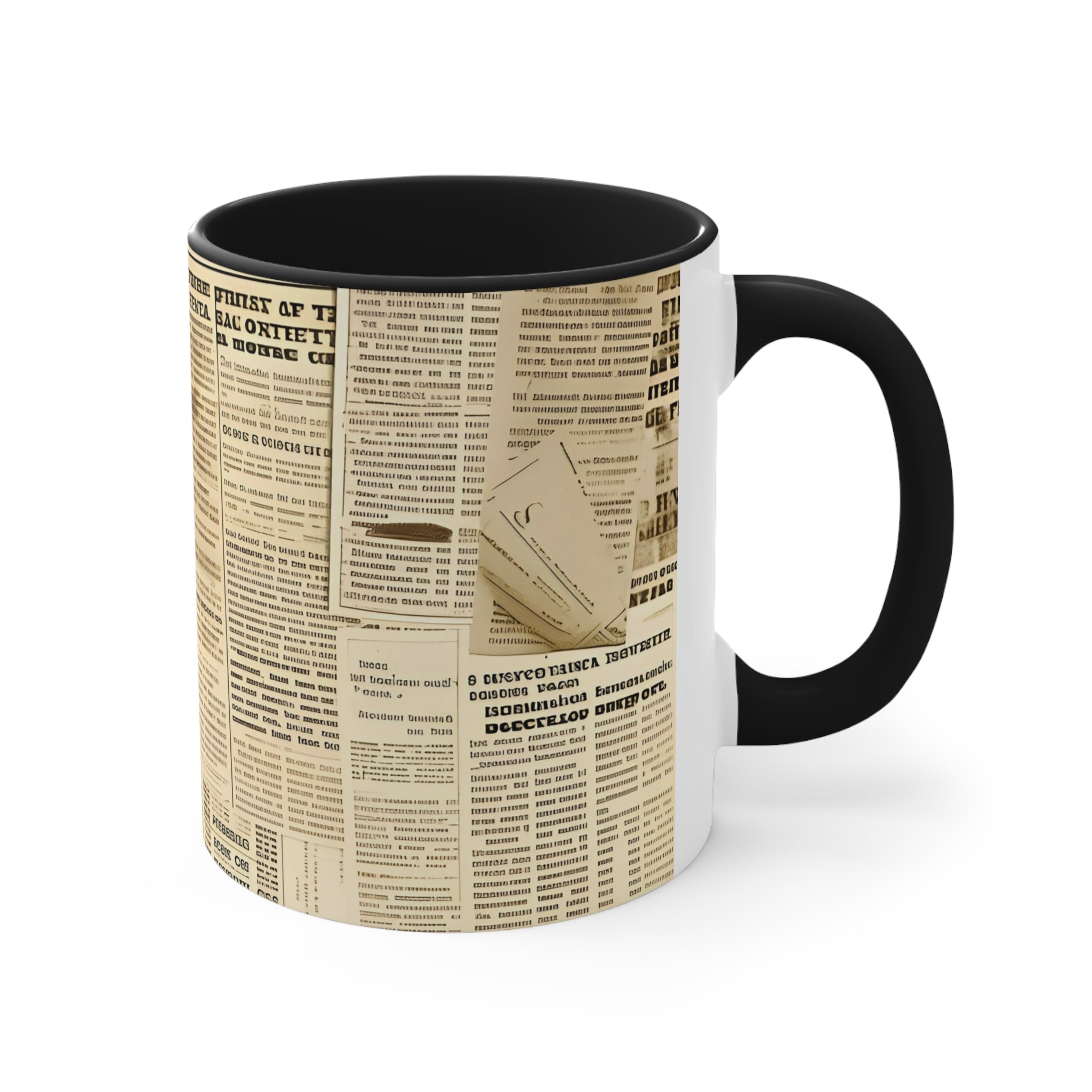 Vintage Newspaper Print Accent Coffee Mug 11oz - Unique Retro Style Drinkware for Coffee and Tea Enthusiasts