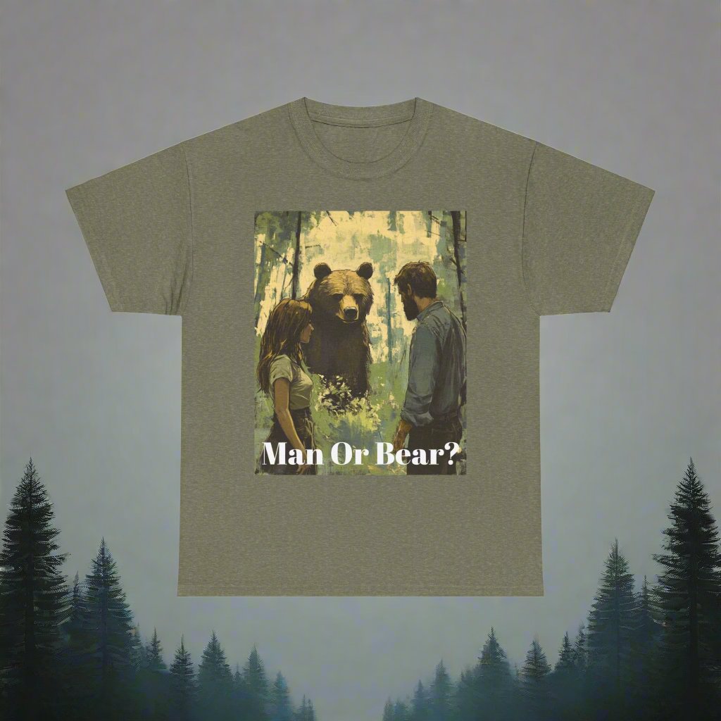 The image showcases a men's heavy cotton tee with a bold graphic that asks the question, "Man or Bear?" against a backdrop of a forest. The shirt’s durable fabric and classic fit are emphasized, making it an ideal choice for both adventure and casual wear.