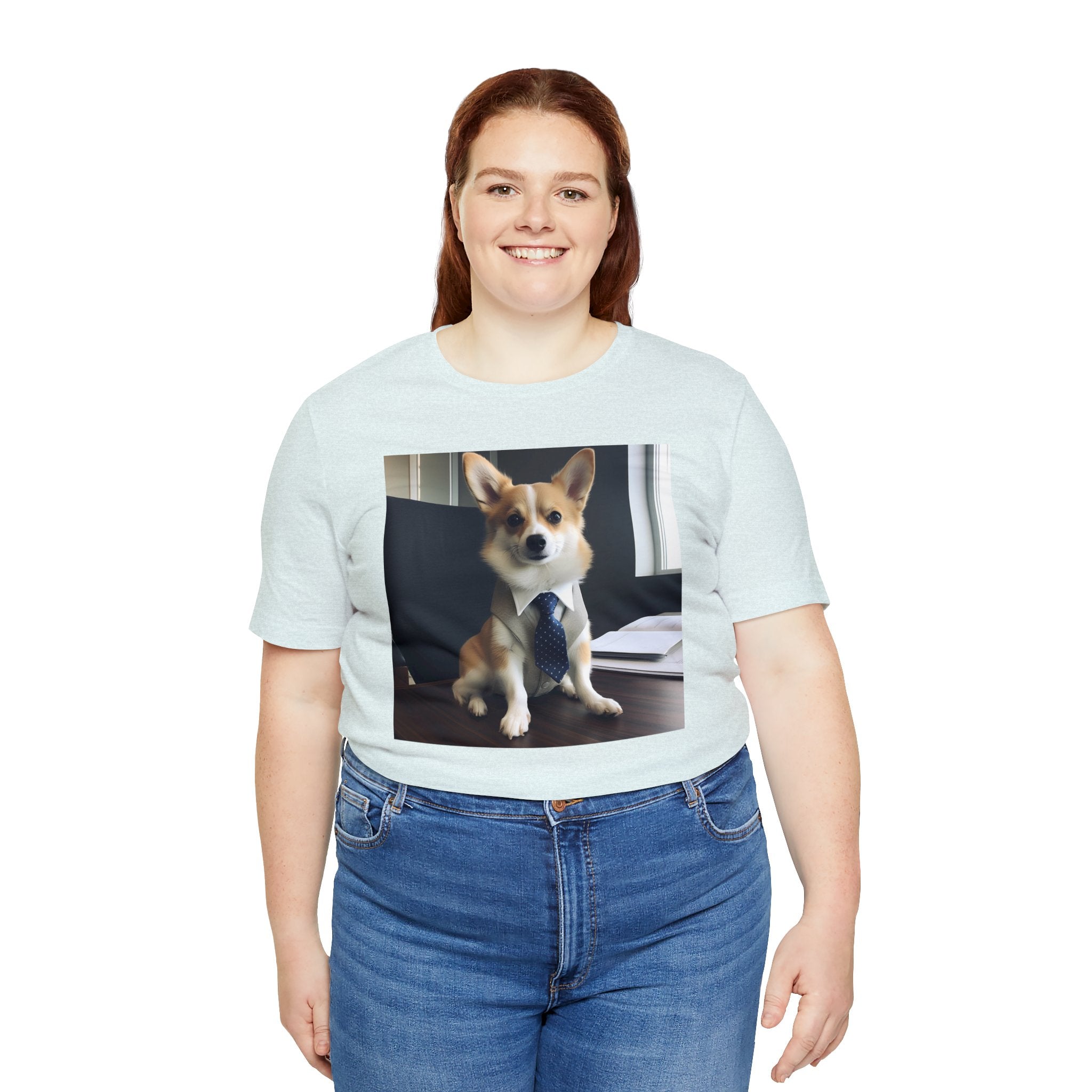 Cute Puppy in Interview Attire "Do I have the Job?"  Unisex Jersey Short Sleeve Tee - Funny Dog Interview Tee Gift for Dog Lovers and Pet Owners