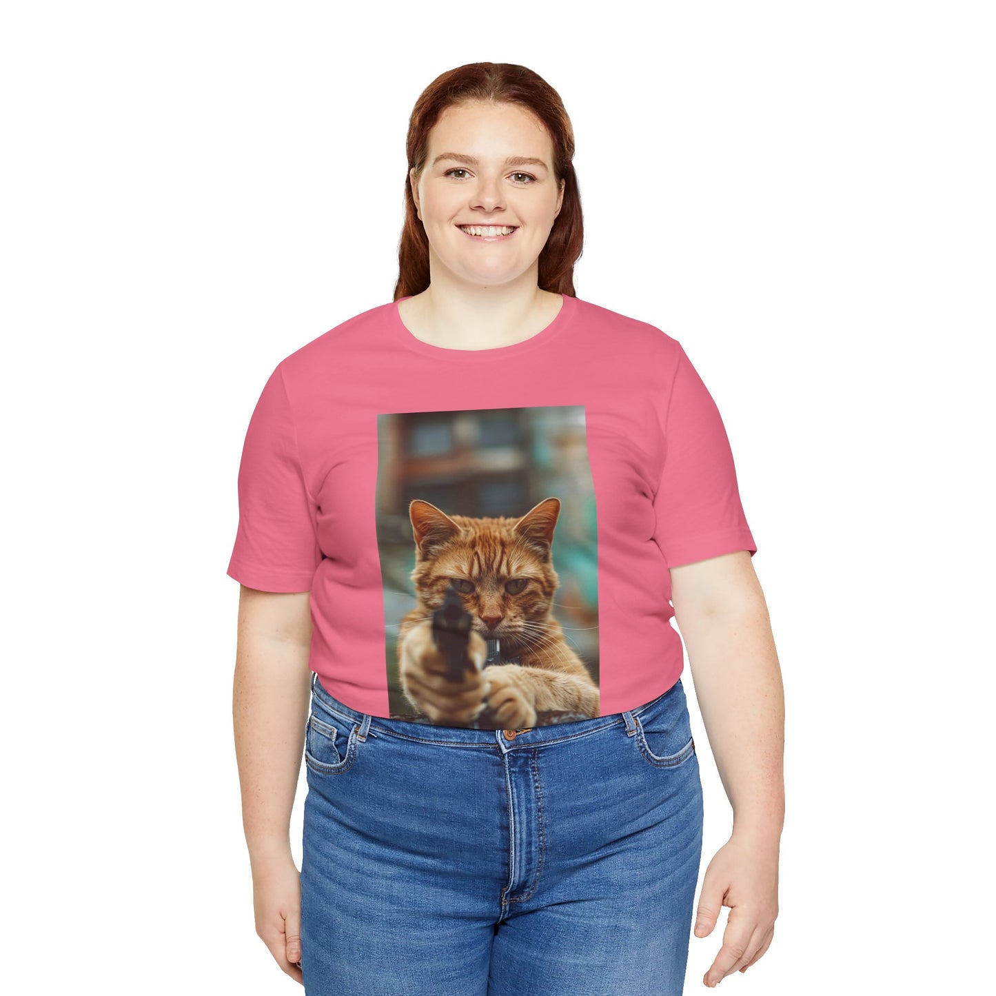 Stealth Paws: Feline Hitman Women's Jersey Short Sleeve Tee - Quirky Cat-Themed Apparel for Fashion-Forward Cat Lovers