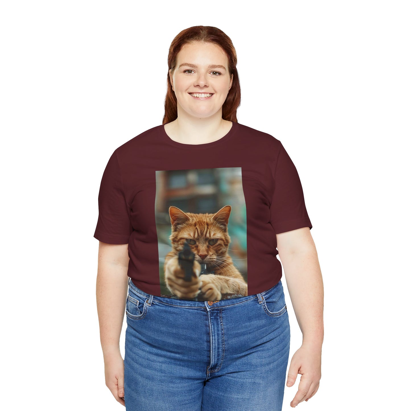 Stealth Paws: Feline Hitman Women's Jersey Short Sleeve Tee - Quirky Cat-Themed Apparel for Fashion-Forward Cat Lovers