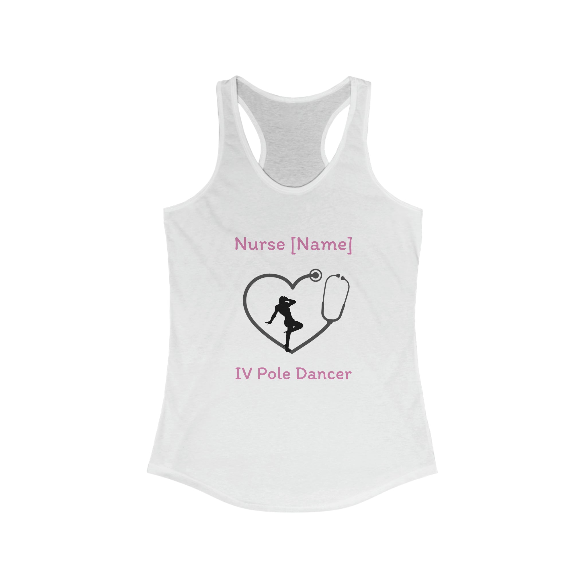 Personalized Nurse Appreciation Shirt of Dancing Woman Silhouette dancing within a heart shaped stethoscope  with Text IV Pole Dancer