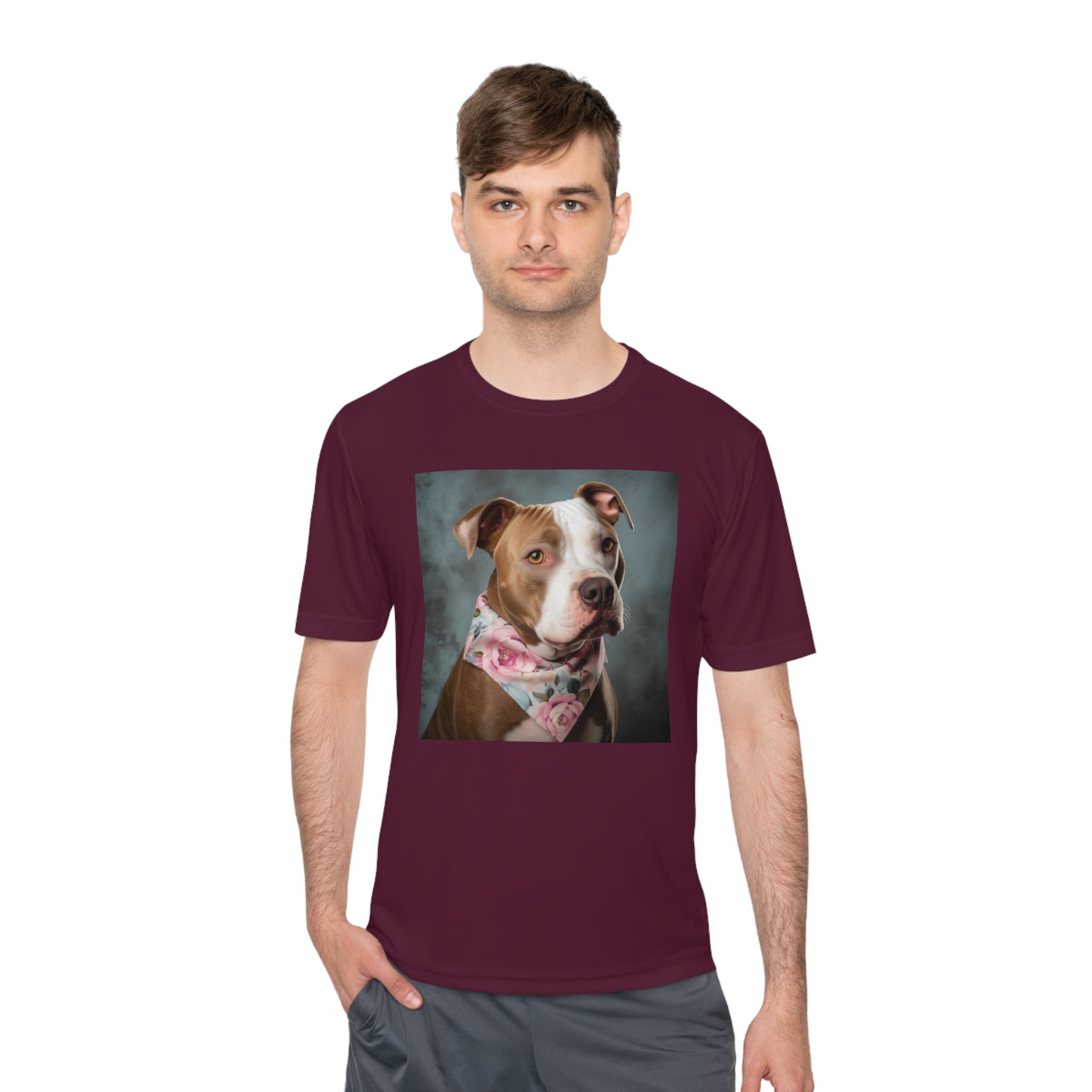 Perfect for Dog Lovers! Pitbull Puppy wearing a Cute Flower Scarf Unisex Moisture Wicking Tee - This is a Perfect Dog Park T-shirt for Pet Lover. Stay Stylish and Comfortable with This Charming Dog-Lover's Shirt