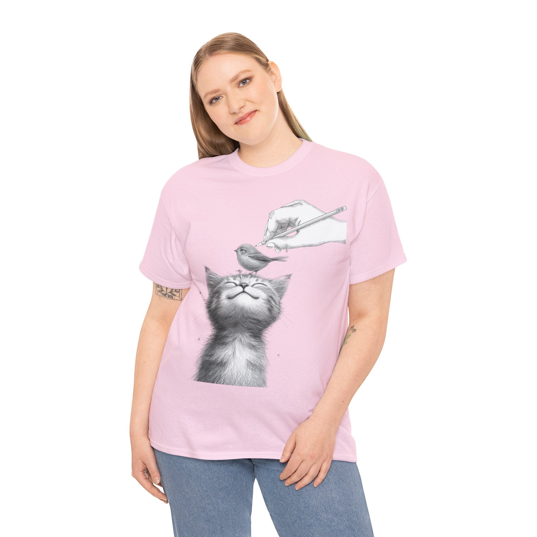 Cute Top for Artist Gift Women's Discover Artistic Elegance: Sketch Hand Drawing Bird and Cat Friendship Unisex Heavy Cotton Tee - Unique Design for Art Enthusiasts