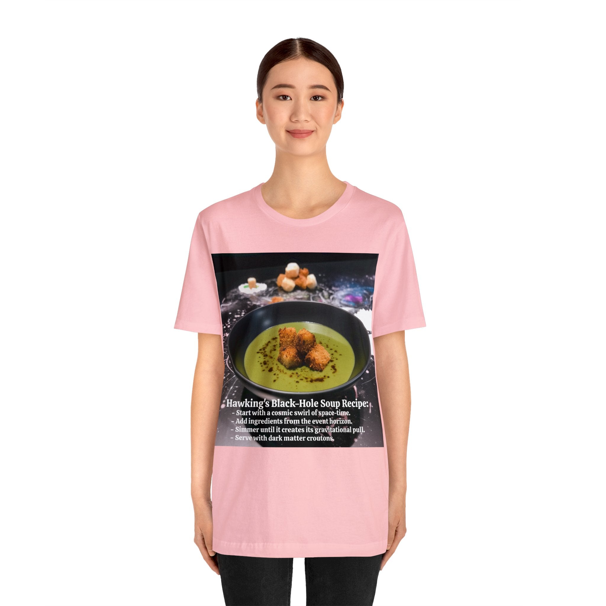 Show Your Charisma and Intellect with Hawking's Black-Hole Soup: A Cosmic Culinary Adventure Unisex Jersey Short Sleeve Tee