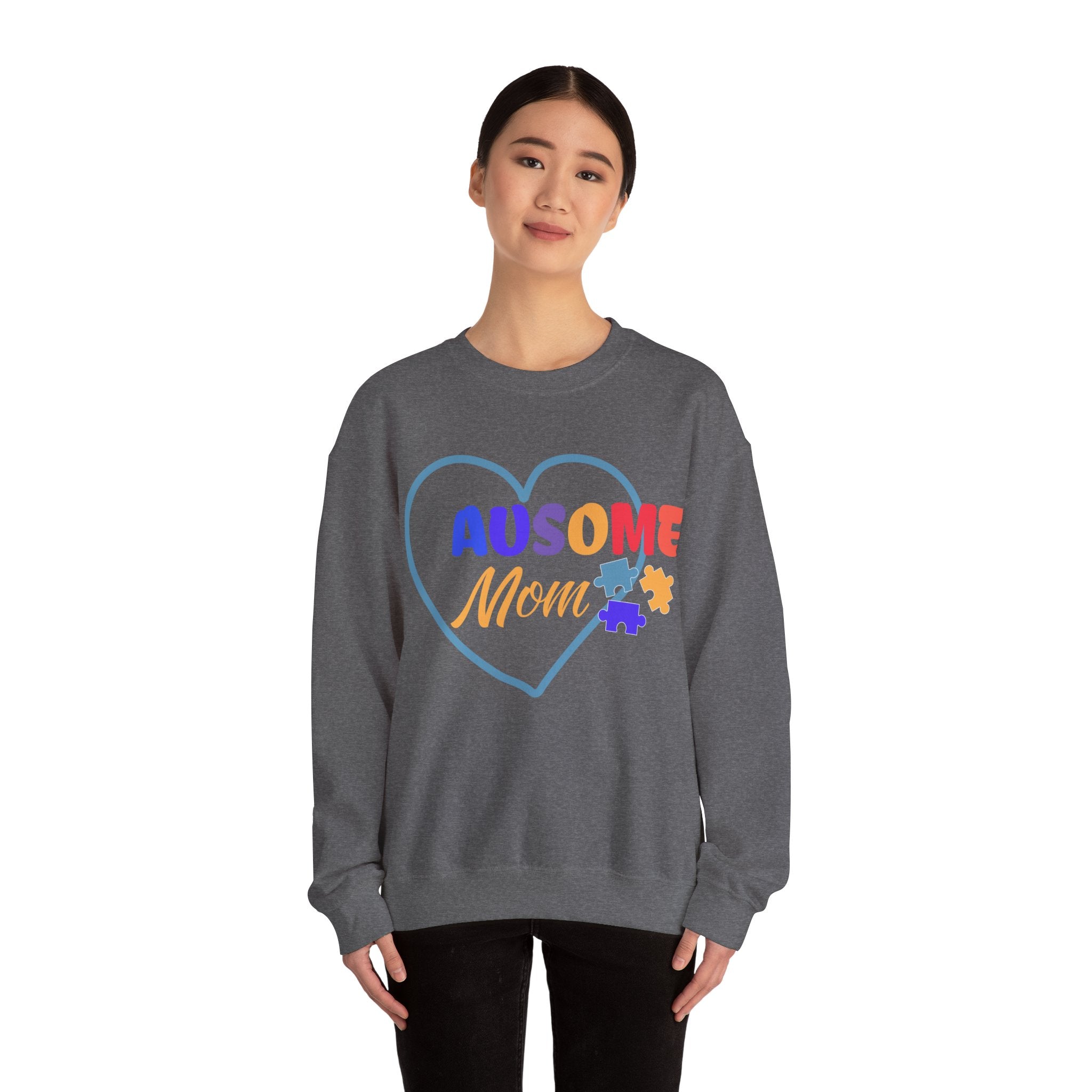 "Ausome Mom" Autism Awareness and Support Unisex Heavy Blend™ Crewneck Sweatshirt: Celebrating Incredible Autism Moms Gift for Family