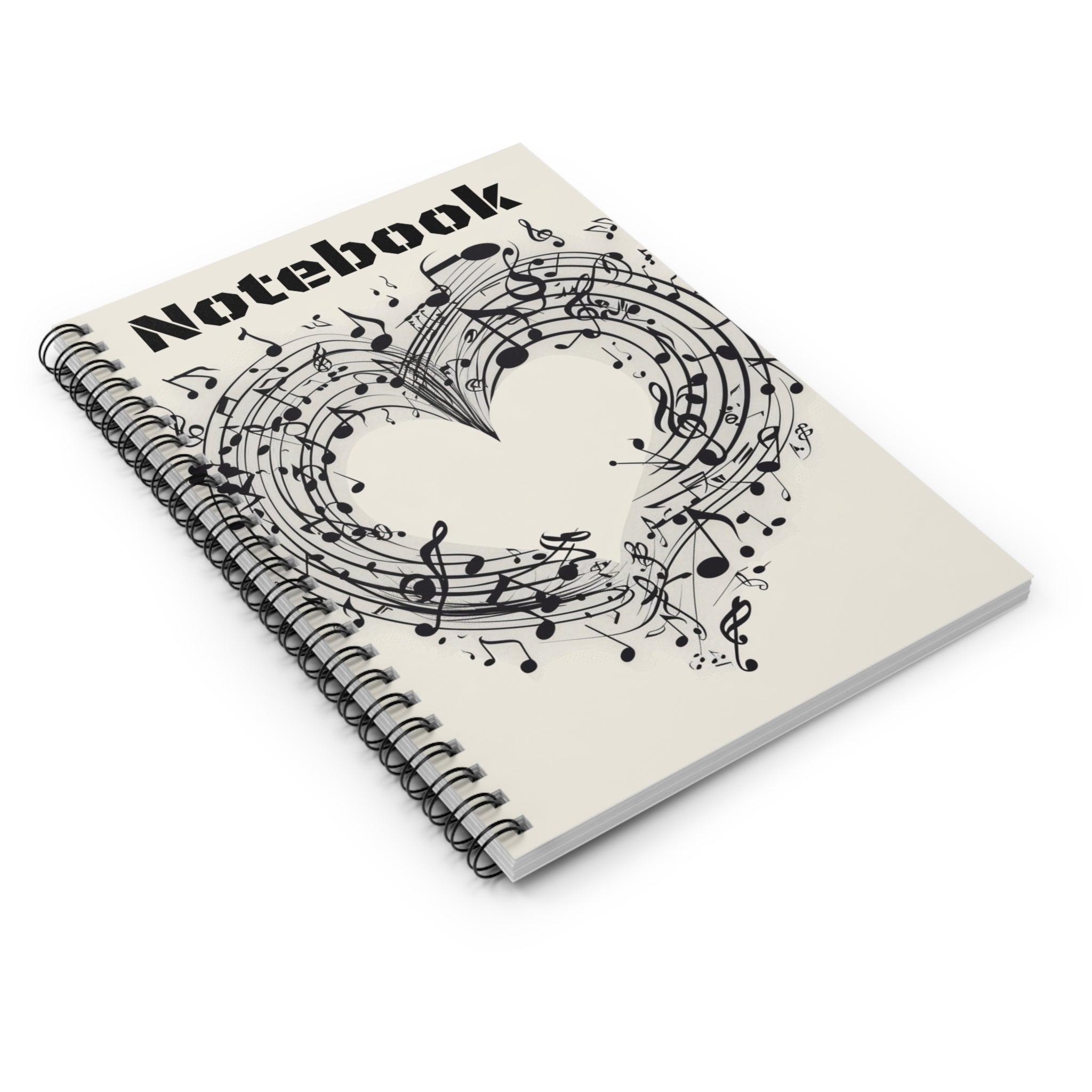 The image features a spiral notebook with a clean, minimalist cover design that showcases a heart made of musical notes. The ruled lines and high-quality paper are also highlighted, making it ideal for writing and note-taking.