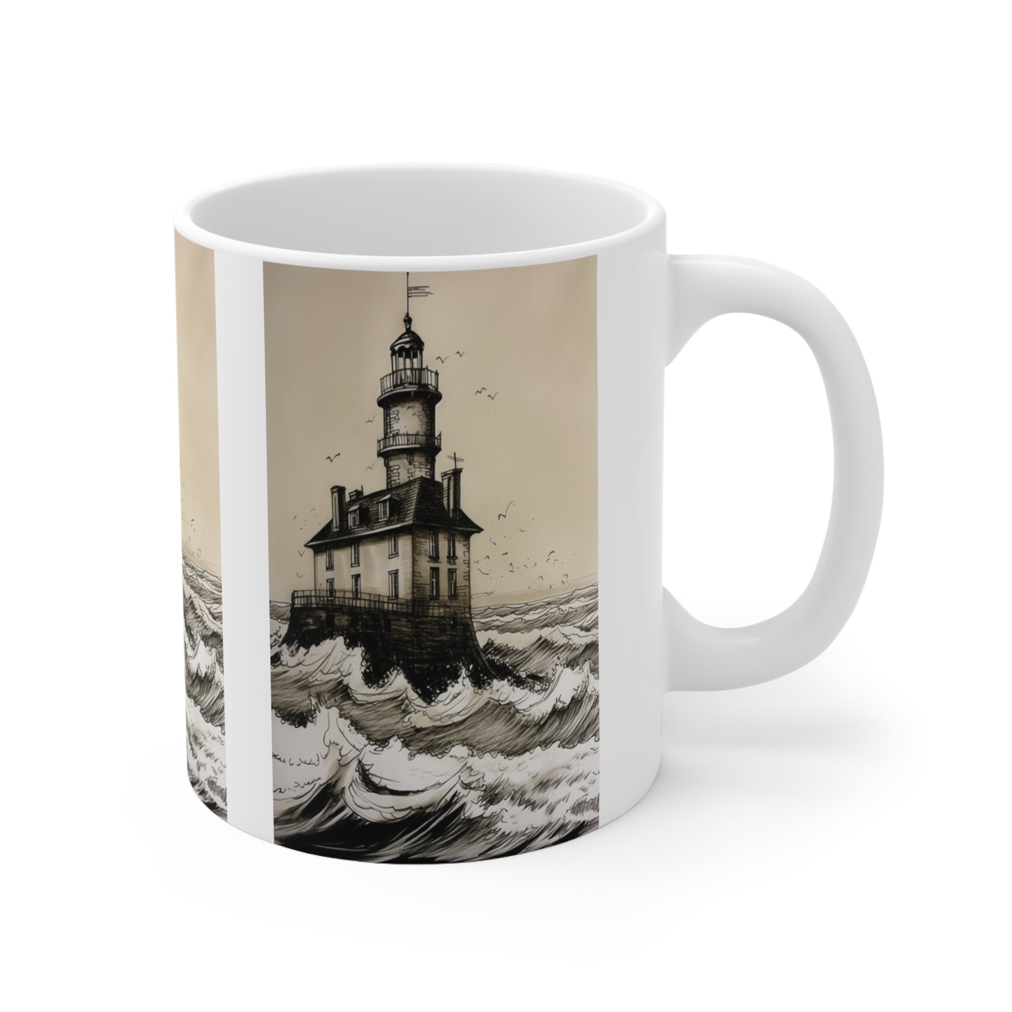 Combo "Lighthouse Against the White Surf of Waves" Ceramic Mug 11oz and Gratitude Journal - Coastal Charm & Nautical Elegance for Coffee Lovers Gift for Teachers Gift for Employees or Boss