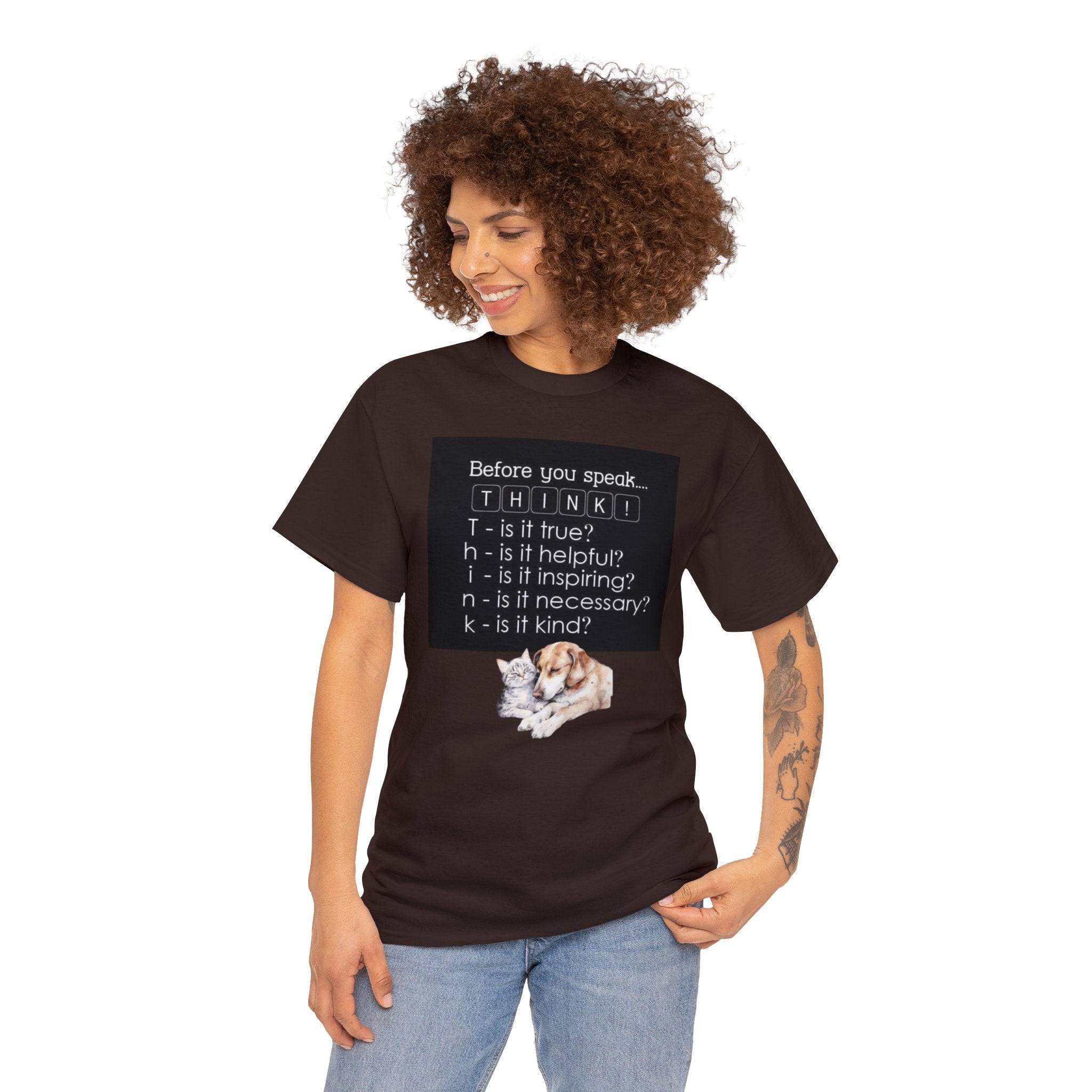 T.H.I.N.K Acronym Kindness Dog and Cat Comfy Friends Unisex Heavy Cotton Tee - Spread Positivity & Friendship