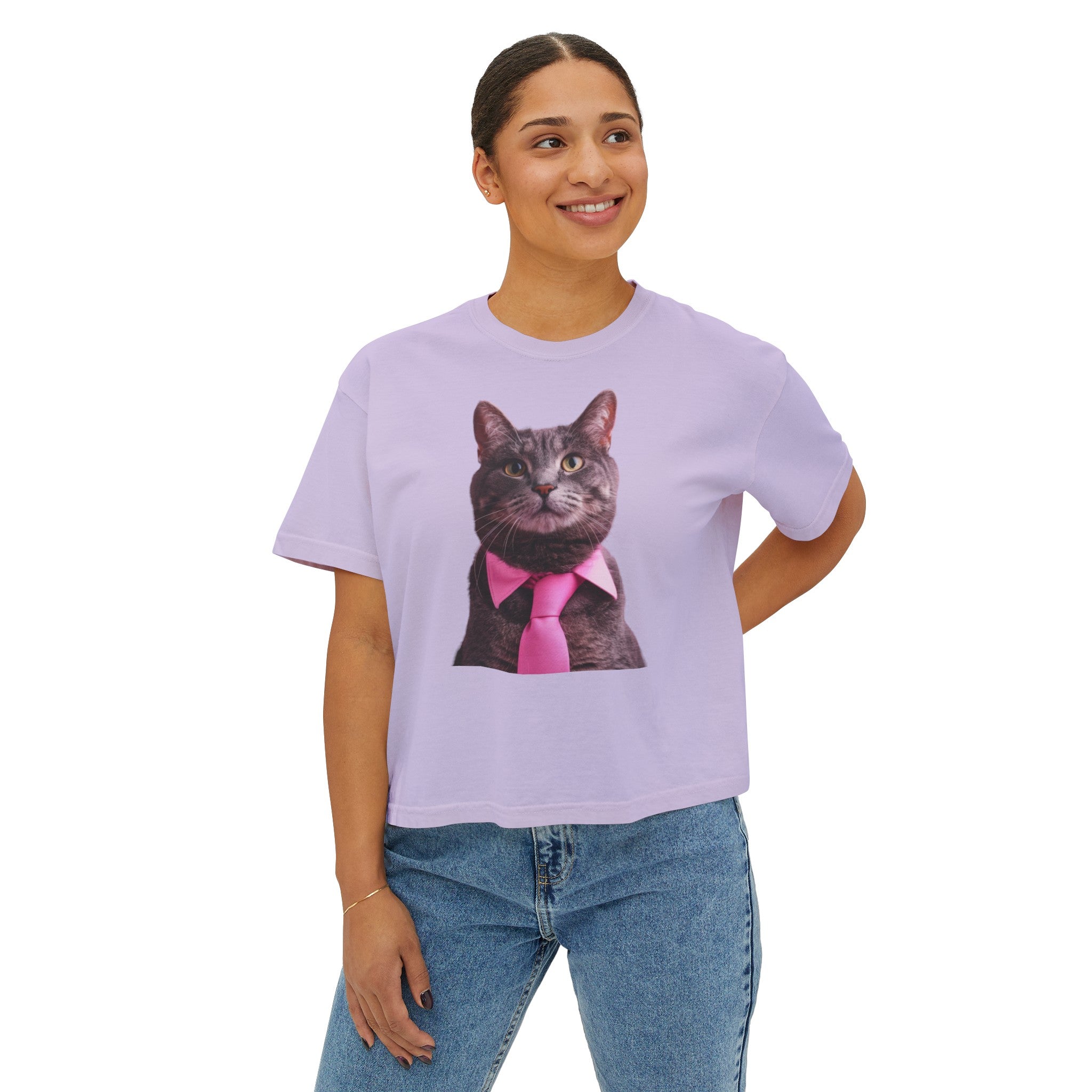 Purr-fectly Dapper: Pink Tie Tabby Cat Chic Women's Boxy Tee - Elegant Feline Fashion for the Modern Cat Lover