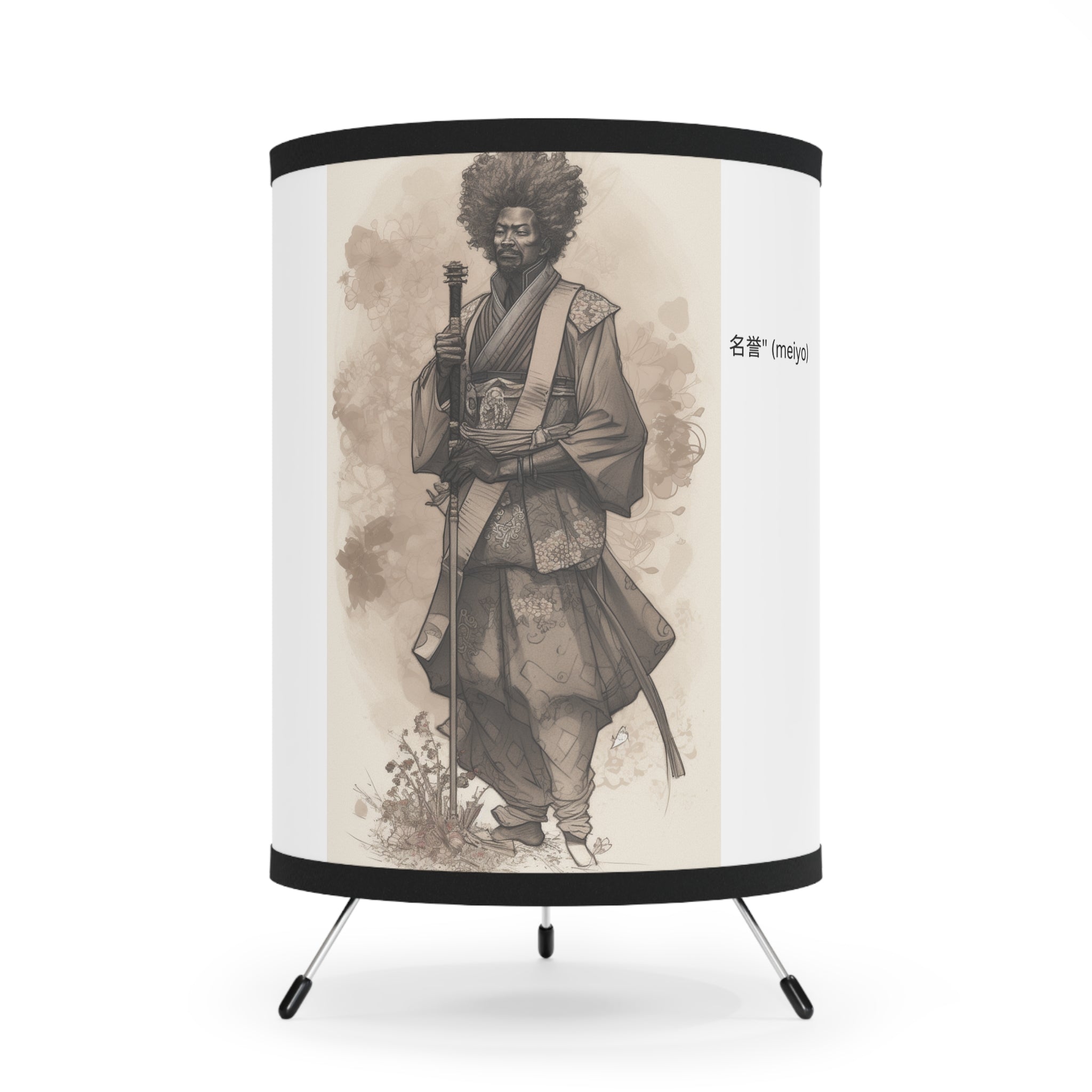 Tripod Lamp with High-Res Printed Shade, US\CA plug- "Meiyo" (Honor) African Samurai for Anime Lovers Gift for Samurai Enthusiasts