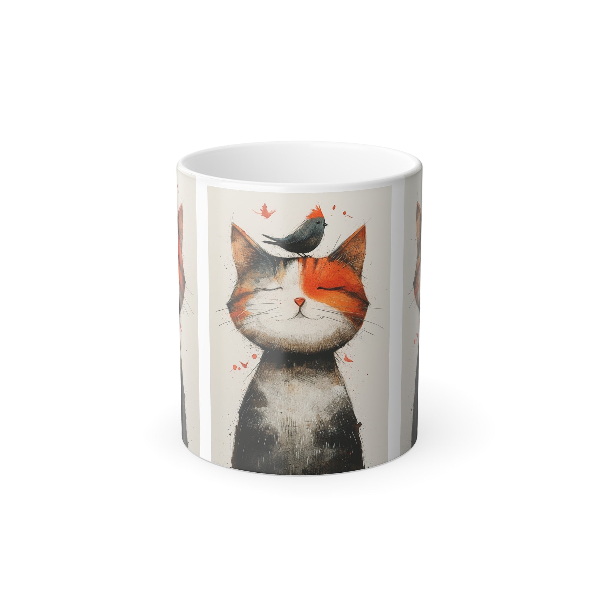 🐱🐦 Cat and Trusting Red Sparrow Friend Color Morphing Mug - 11oz | Magic Heat-Changing Ceramic Cup for Cat Lovers | Unique Color-Shift Coffee Mug