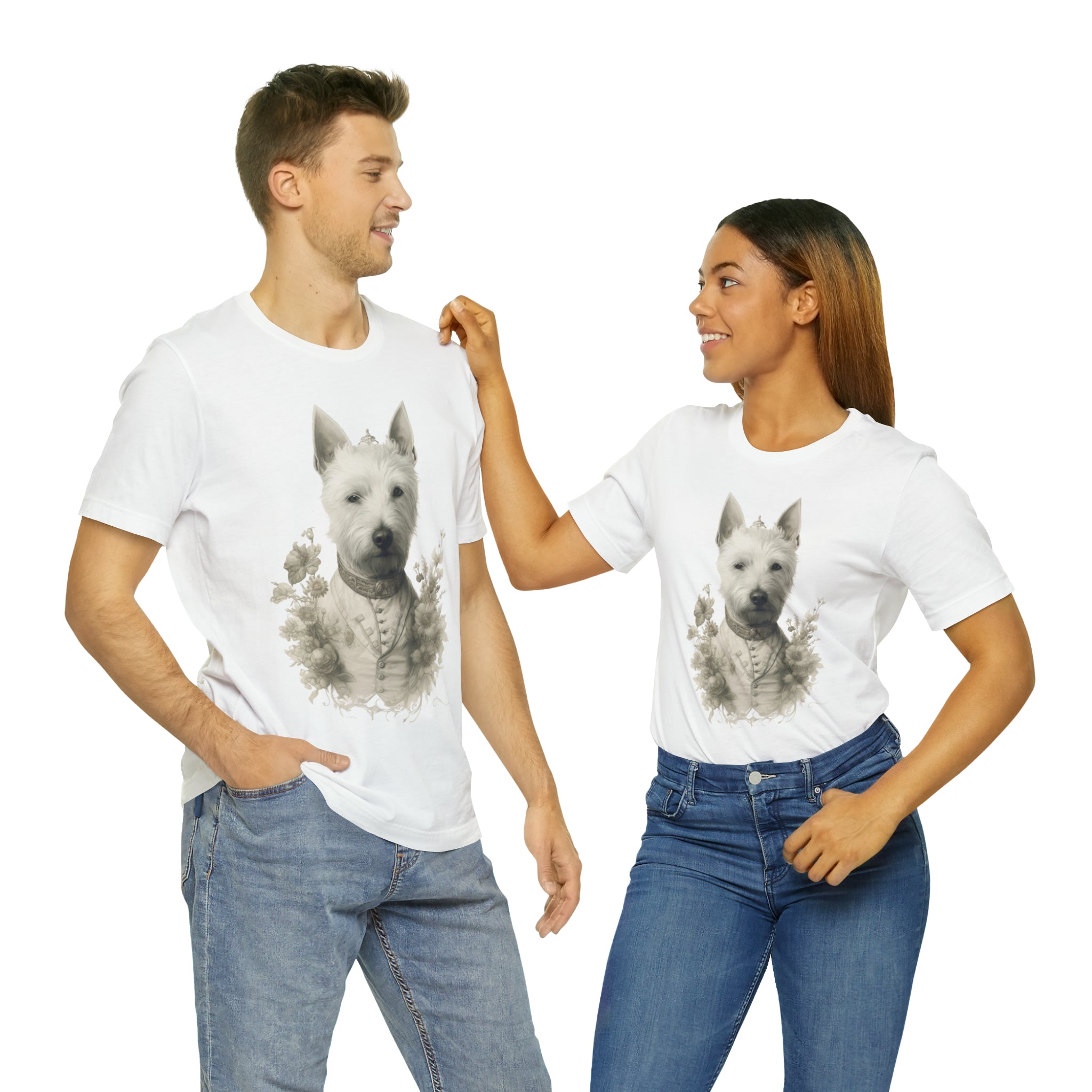 Unisex Jersey Short Sleeve Tee-"Distinguished Dog" Tee - Pencil Drawn Art, Floral Accents - Ideal Gift for Dog and Art Lovers