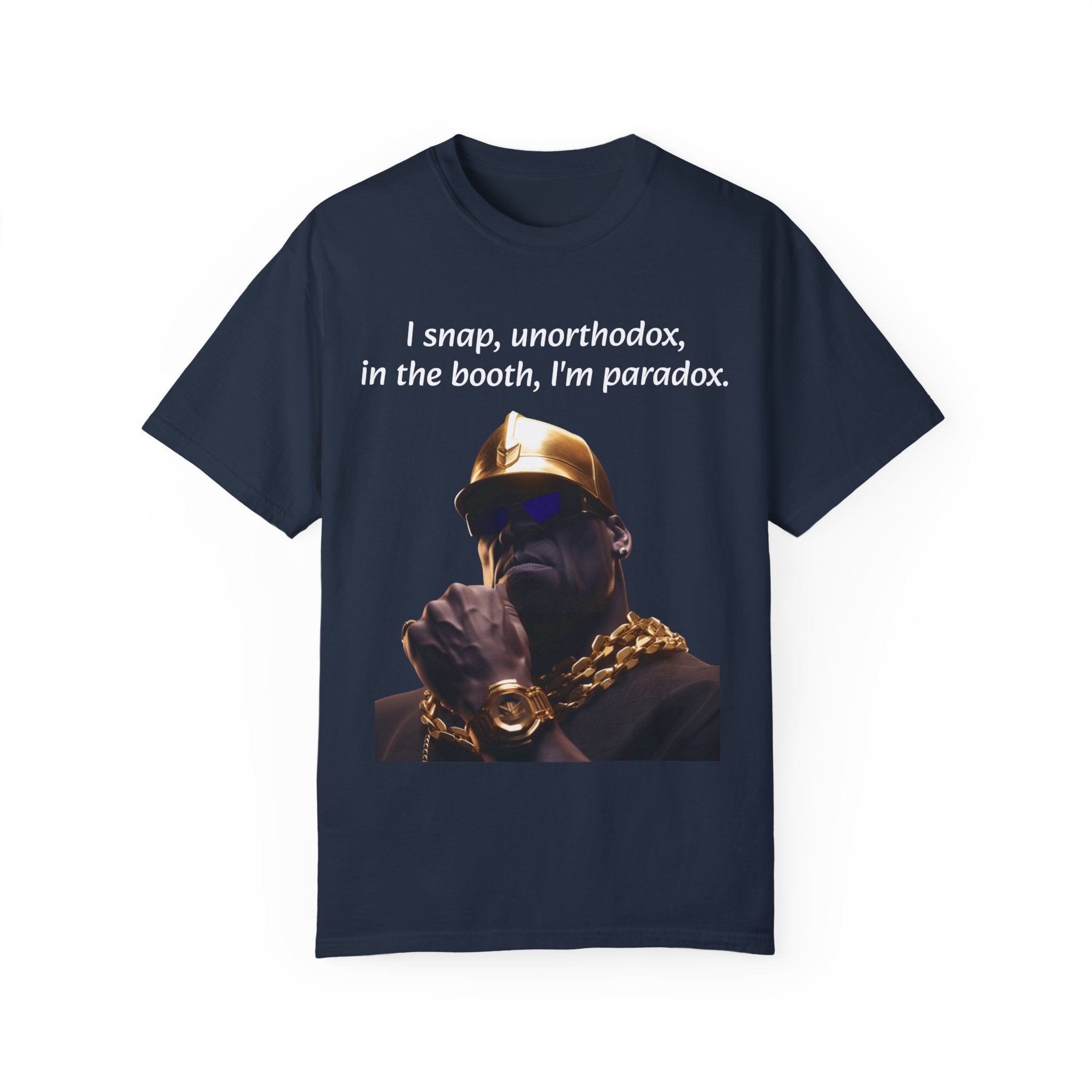 Lyrically Mad Titan T-Shirt: 'I Snap, Unorthodox, in the Booth, I'm Paradox' - Cosmic Warlord Inspired Hip Hop Unisex Garment-Dyed Tee for Urban Wear Enthusiasts