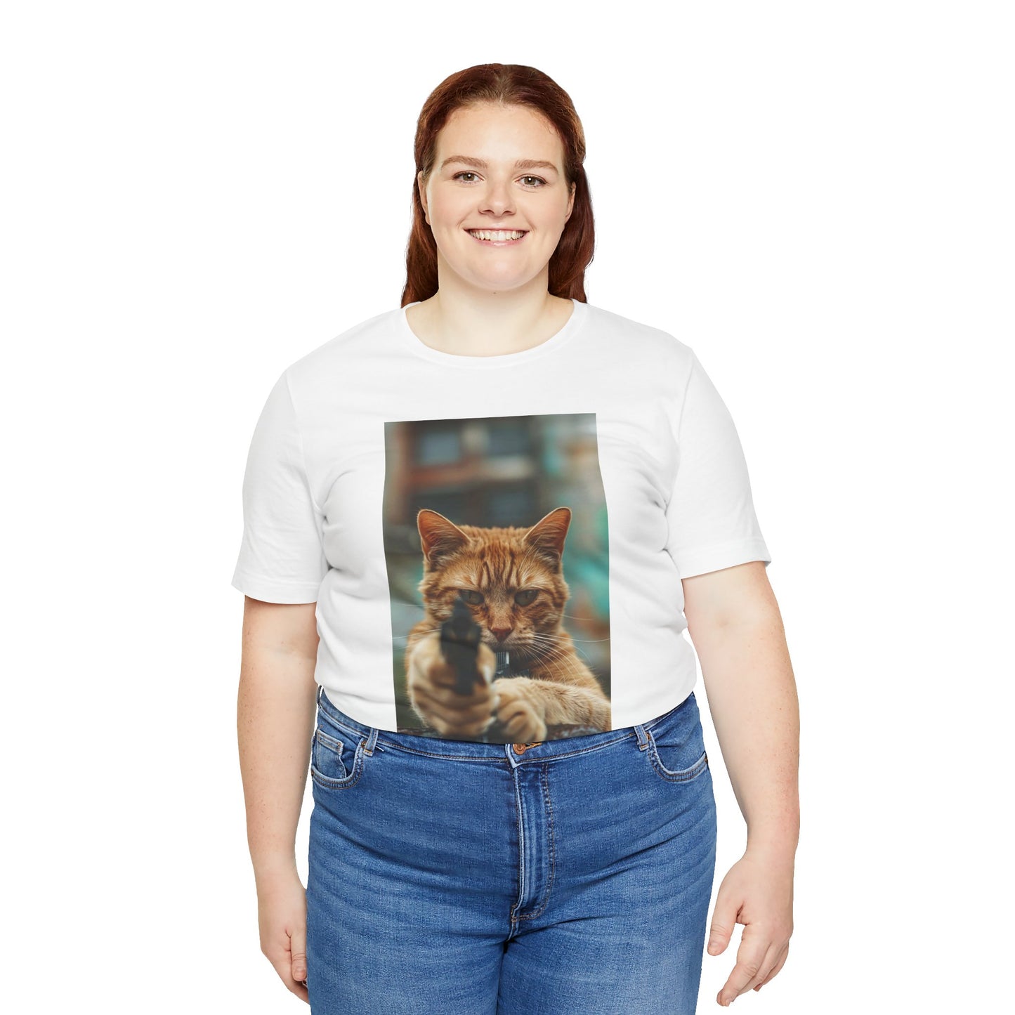 Stealth Paws: Feline Hitman Women's Jersey Short Sleeve Tee - Quirky Cat-Themed Apparel for Fashion-Forward Cat Lovers