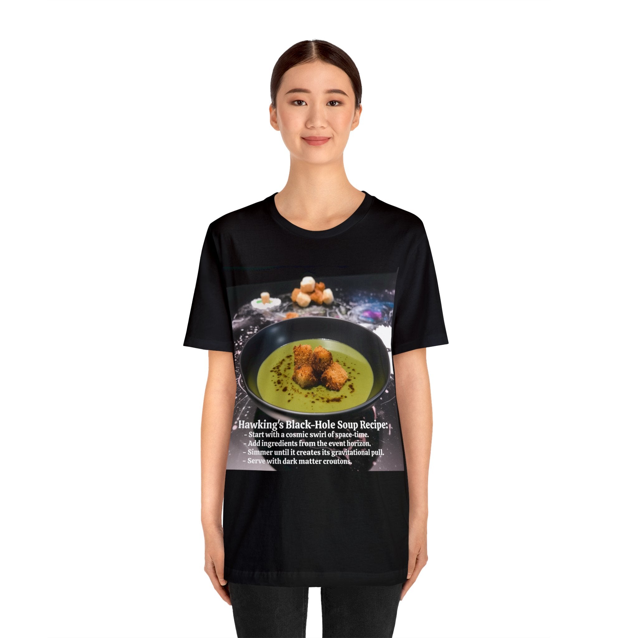 Show Your Charisma and Intellect with Hawking's Black-Hole Soup: A Cosmic Culinary Adventure Unisex Jersey Short Sleeve Tee