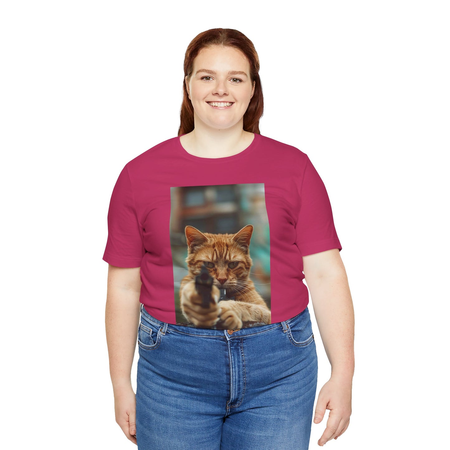 Stealth Paws: Feline Hitman Women's Jersey Short Sleeve Tee - Quirky Cat-Themed Apparel for Fashion-Forward Cat Lovers