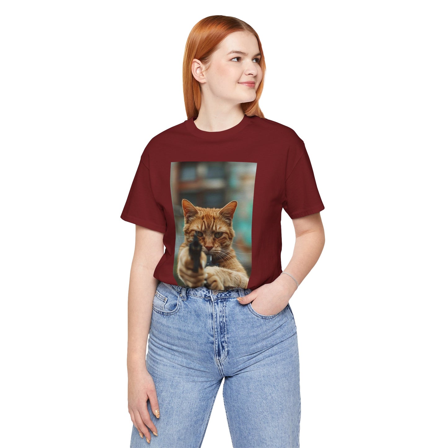 Stealth Paws: Feline Hitman Women's Jersey Short Sleeve Tee - Quirky Cat-Themed Apparel for Fashion-Forward Cat Lovers