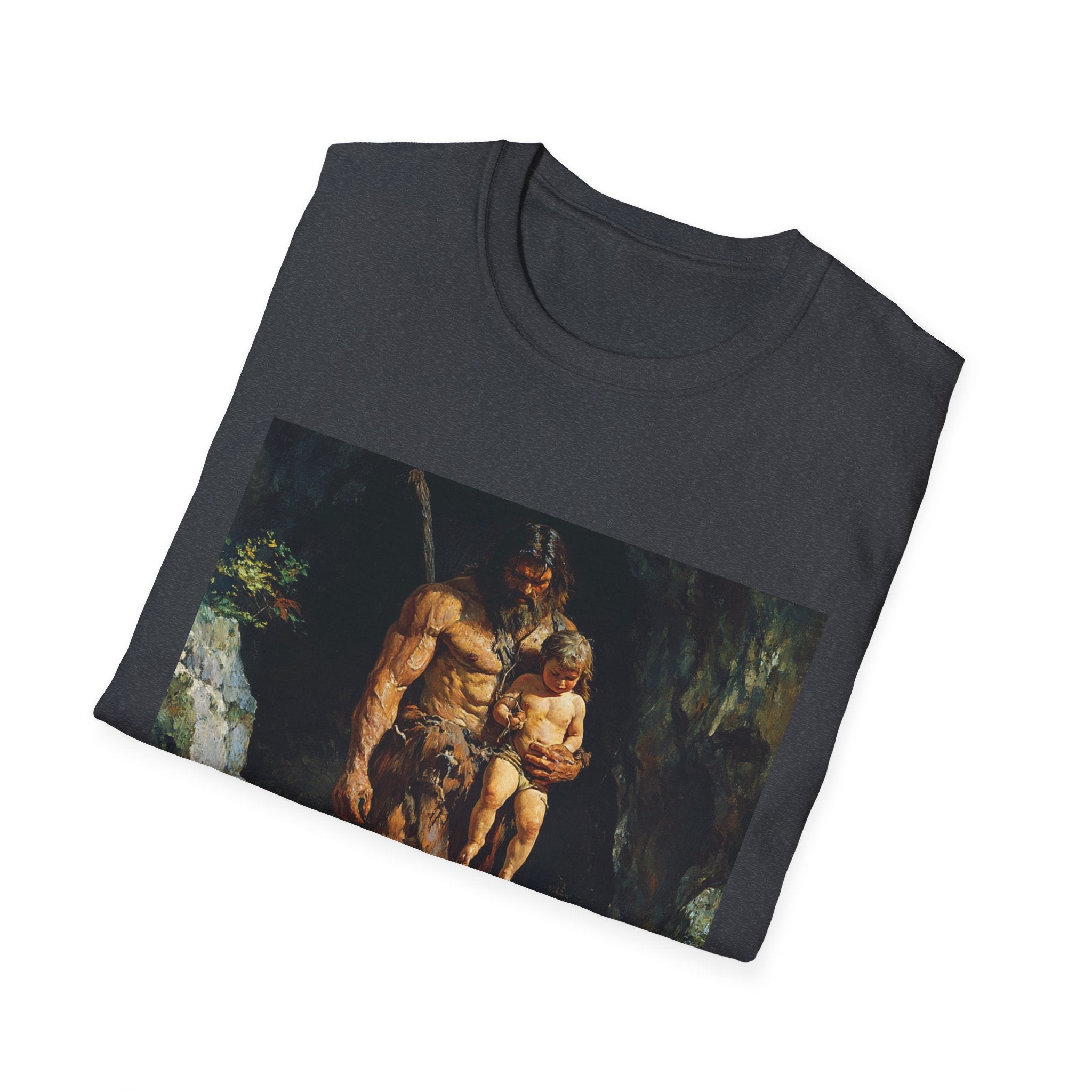 "Prehistoric Parenting: Caveman Caring Father Unisex Softstyle T-Shirt - A Nod to Timeless Fatherhood