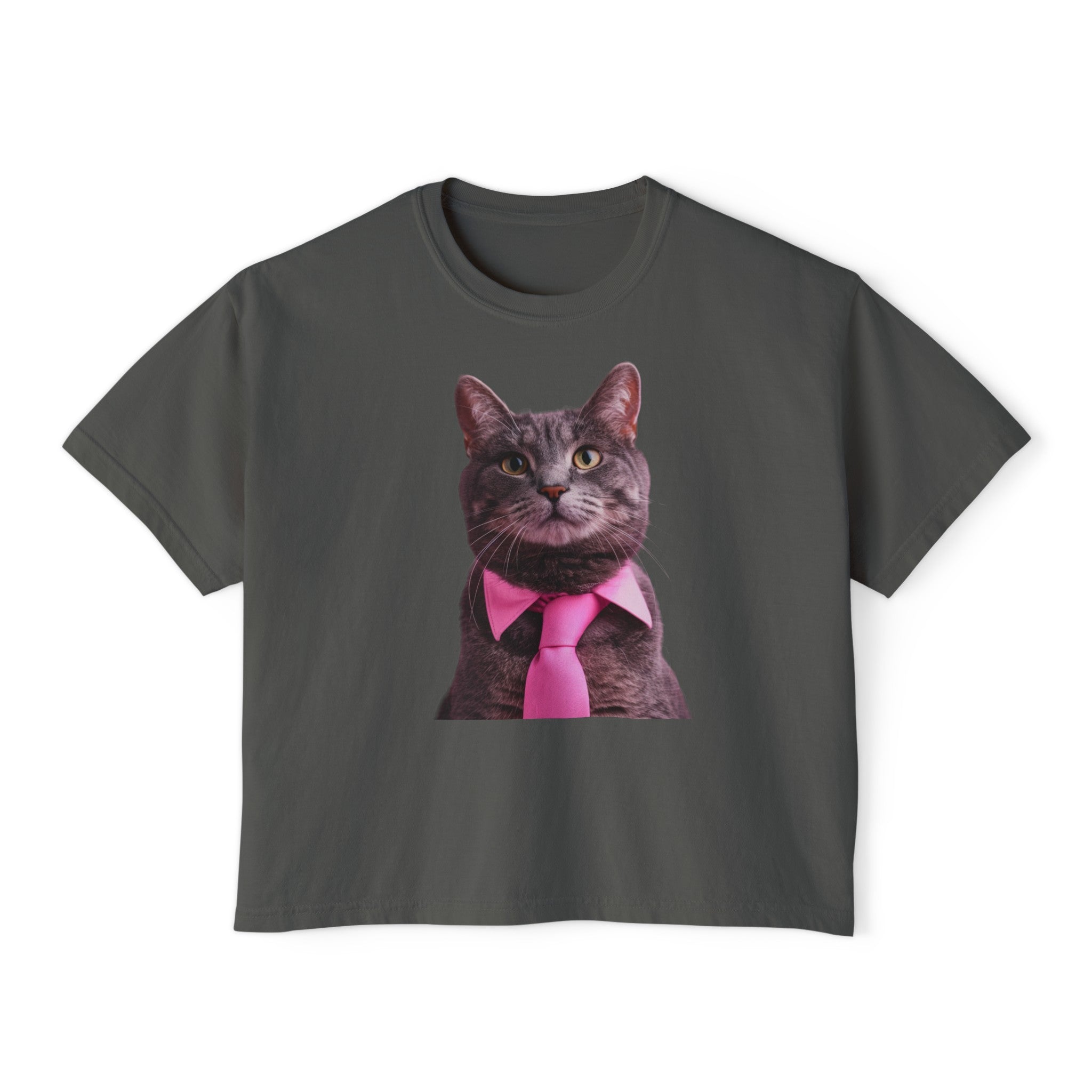 The image features a trendy women's boxy tee in a light, appealing color. It showcases a detailed, artistic illustration of a tabby cat wearing a pink tie, perfectly positioned to catch the eye and evoke smiles. The fabric's quality and the tee's stylish cut are evident, promising a fashionable and comfortable addition to any wardrobe.