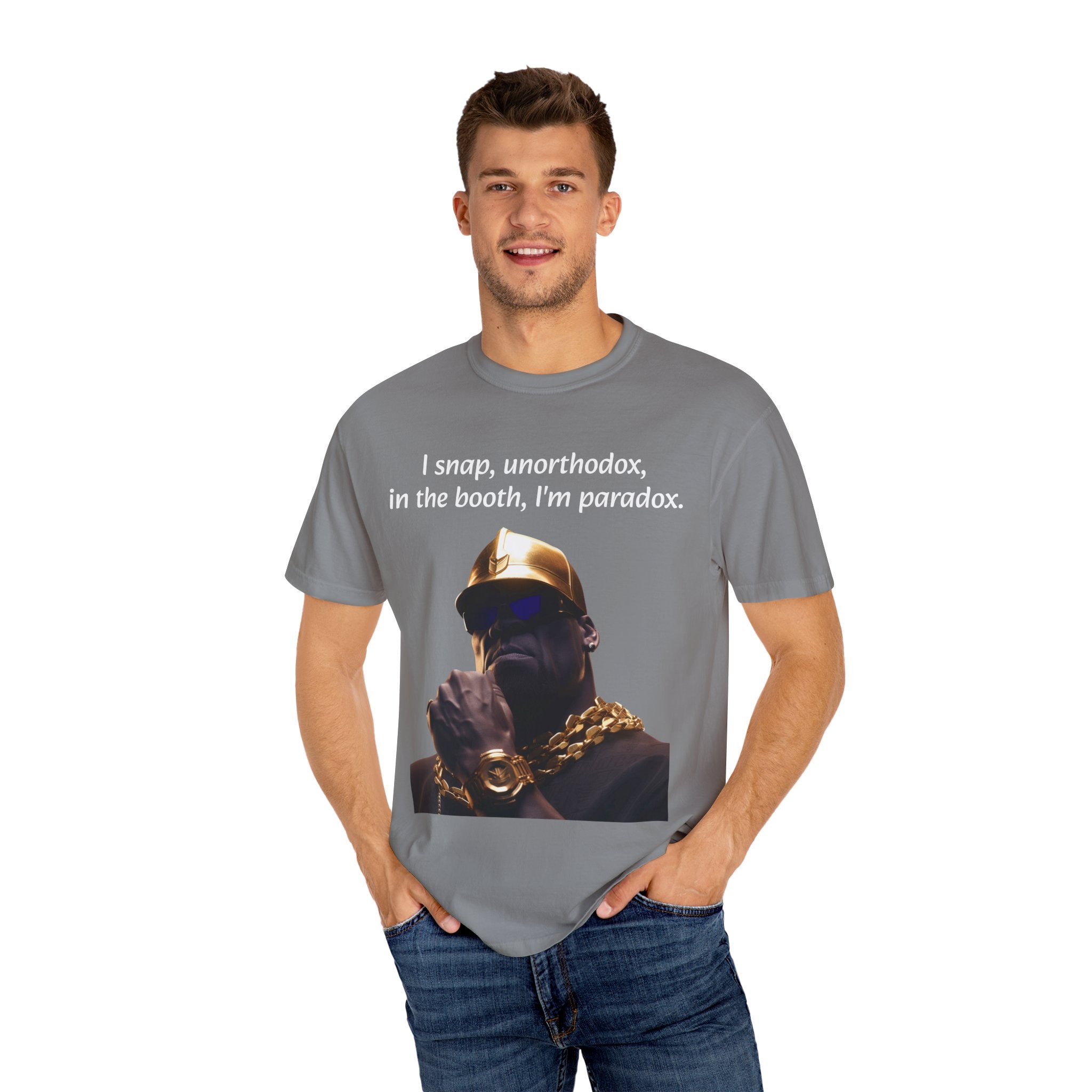 Lyrically Mad Titan T-Shirt: 'I Snap, Unorthodox, in the Booth, I'm Paradox' - Cosmic Warlord Inspired Hip Hop Unisex Garment-Dyed Tee for Urban Wear Enthusiasts