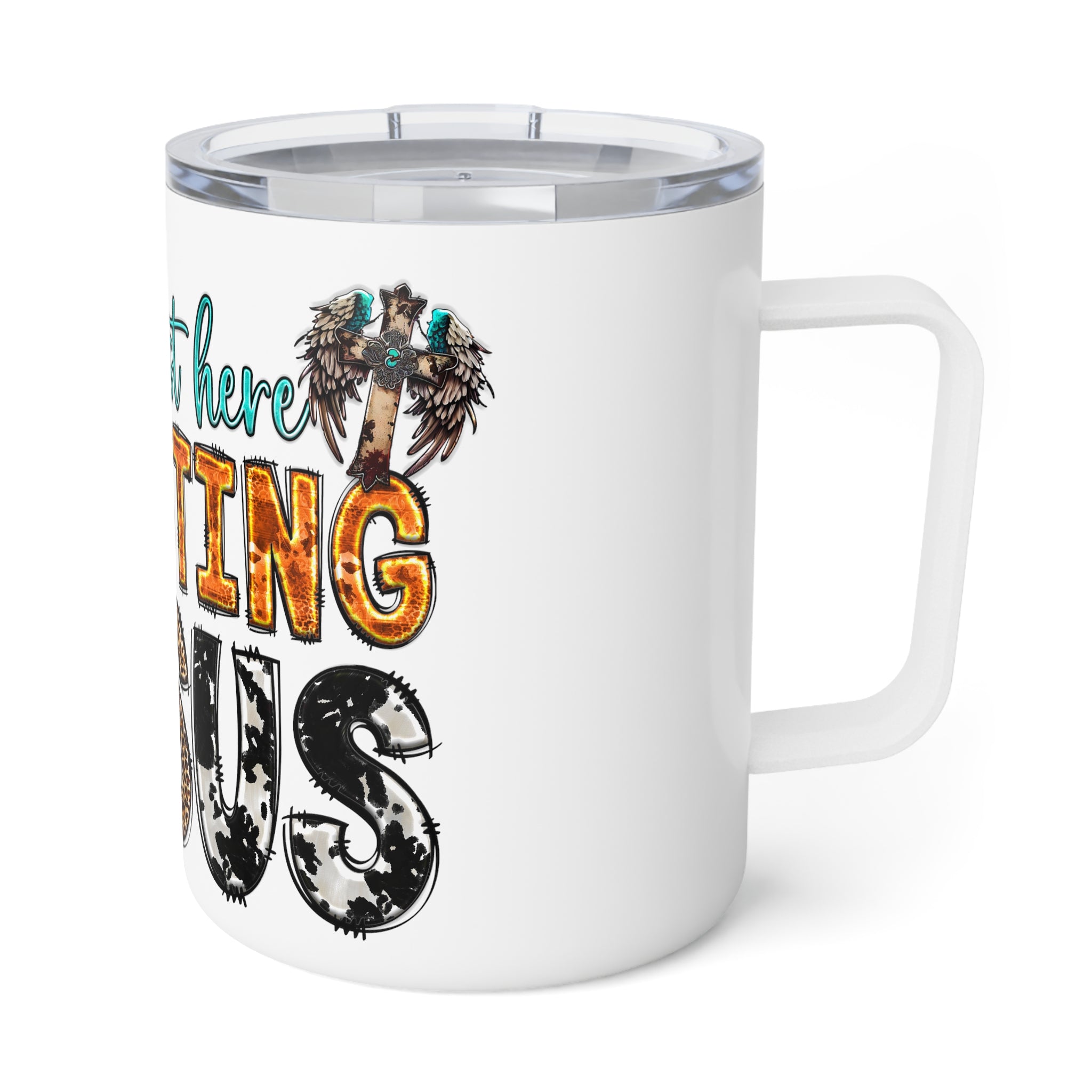 Humorous Conversation Starter at Bible Study. Embrace Faith and Trust in Jesus with Our 'I'm Just Here Trusting Jesus' Insulated Coffee Mug - 10oz: Start Your Day with Inspiration and Warmth