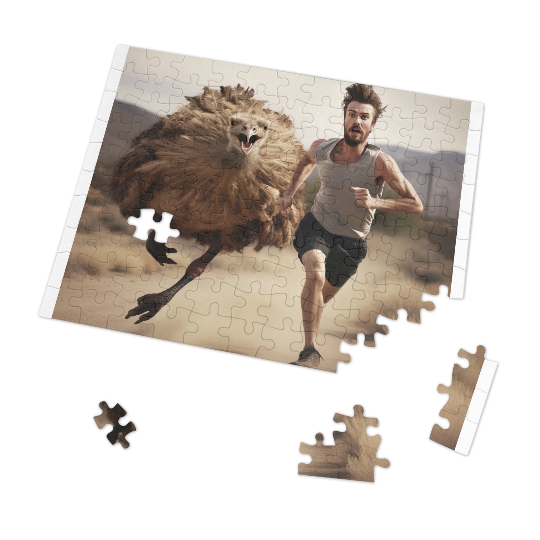 Escape from Prehistoric Terror: Man Running from Ancient Mean Big Bird Jigsaw Puzzle - Available in 30, 110, 252 Pieces for All Ages