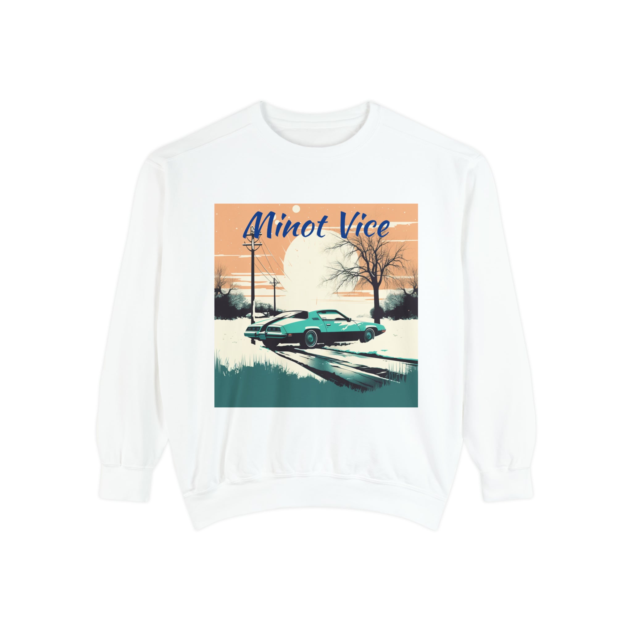 Unisex Garment-Dyed Sweatshirt-"Minot Vice" Cool Winter Art Wear For Family and Friends Professional Interpretation Parody