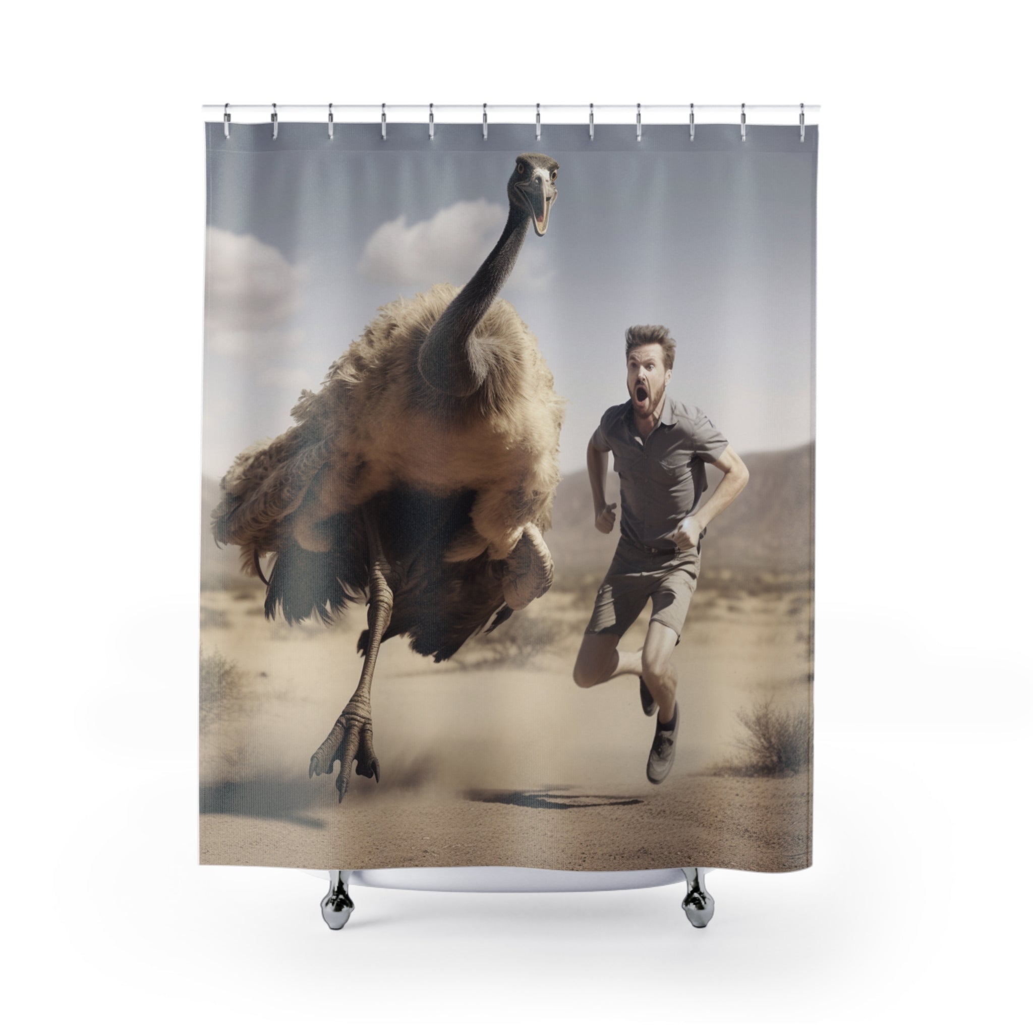 Escape from Prehistoric Terror: Man Running from Mean Big Bird - Humorous and Unique Shower Curtain Design | Funny Bathroom Decor