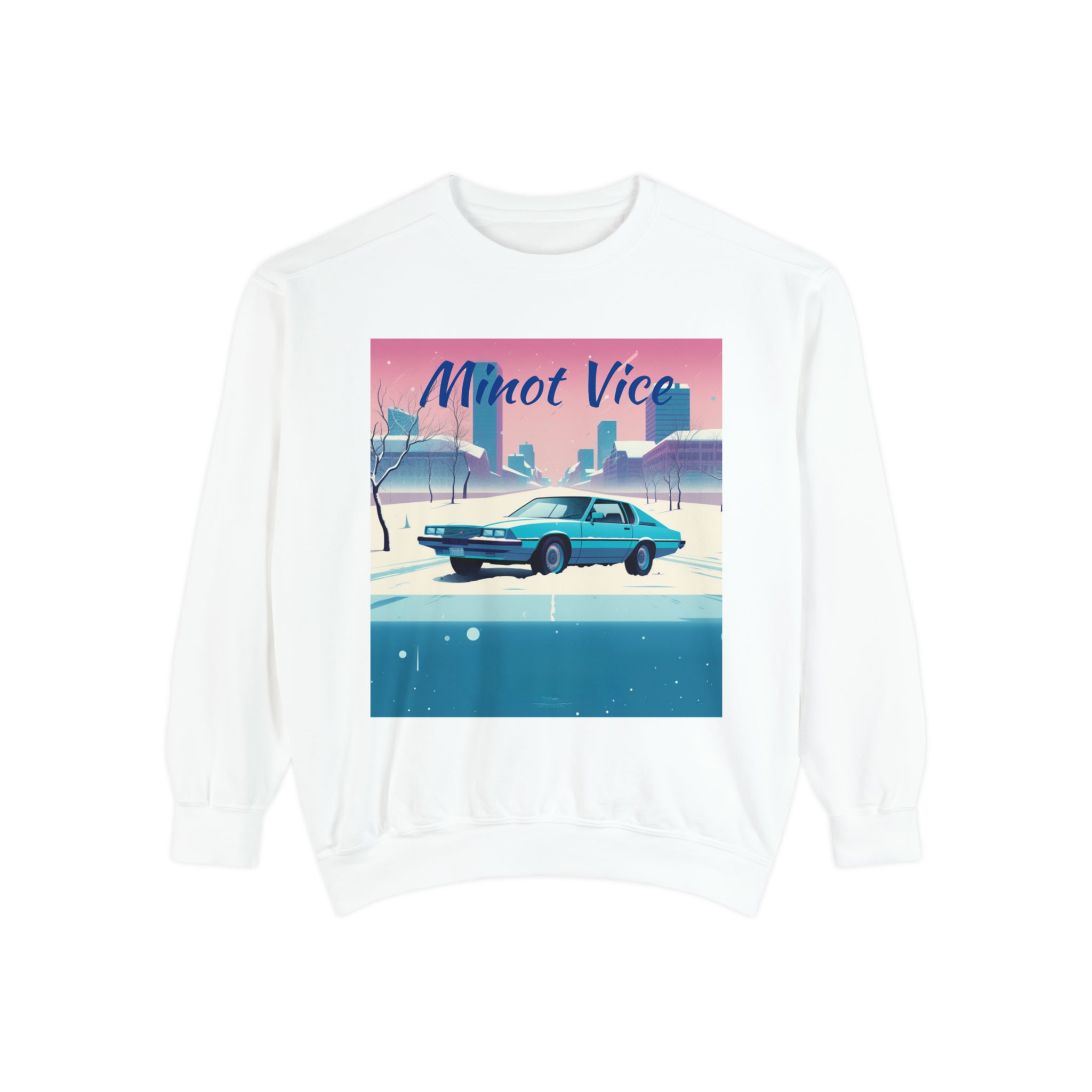 Unisex Garment-Dyed Sweatshirt-"Minot Vice" Cool Winter Art Wear For Family and Friends Professional Interpretation Parody