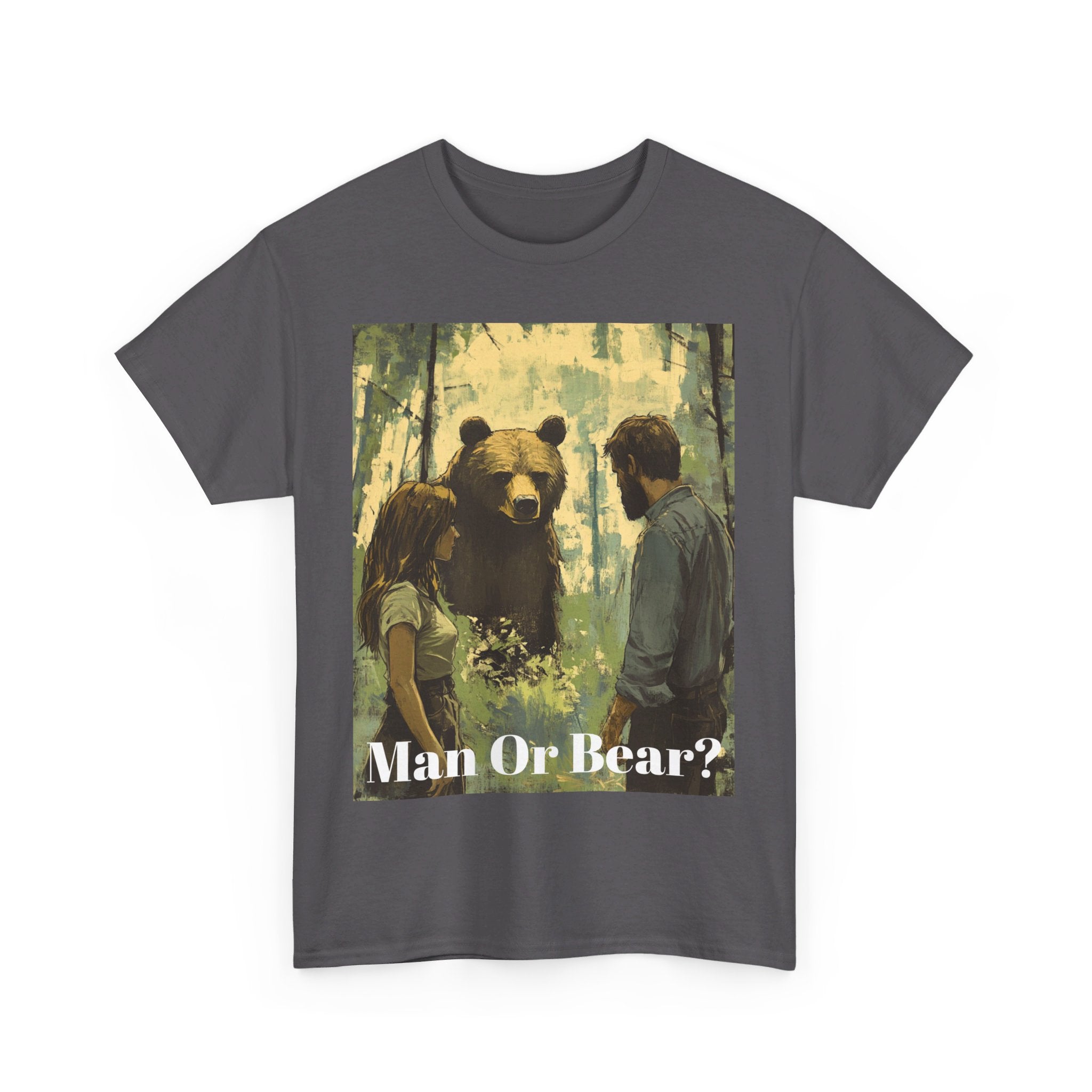 Wilderness Debate: 'Man or Bear?' Controversy Men's Heavy Cotton Tee - Embrace the Mystery