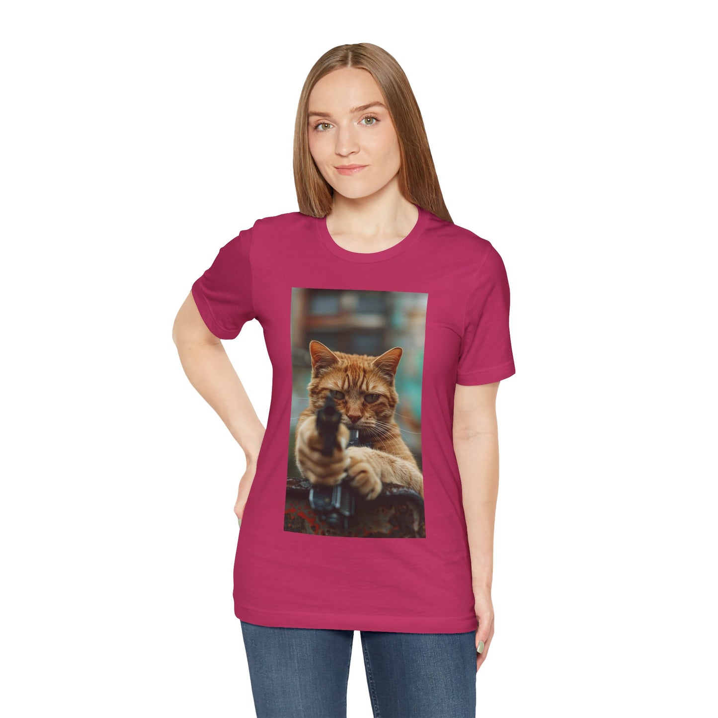 Stealth Paws: Feline Hitman Women's Jersey Short Sleeve Tee - Quirky Cat-Themed Apparel for Fashion-Forward Cat Lovers