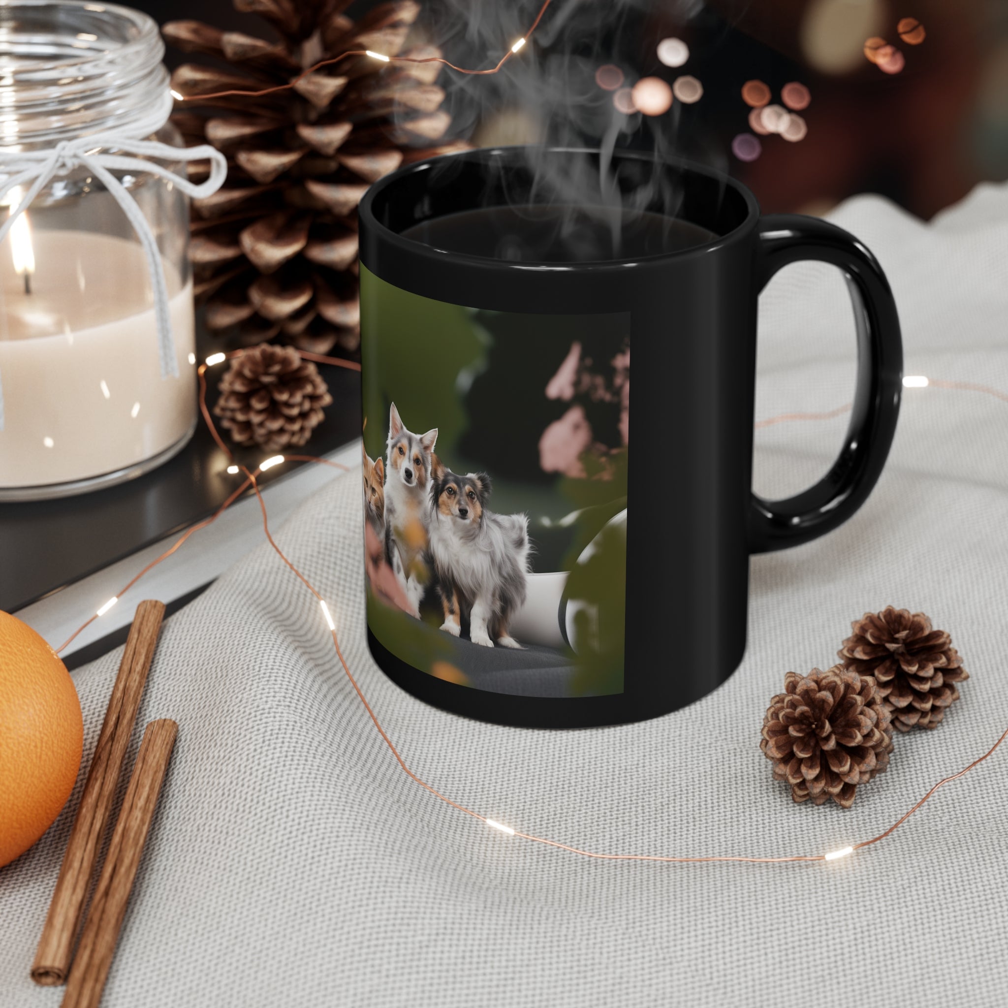 Photorealistic 11oz Black Mug Whimsical Pet Paradise  - Garden Delight with Dogs and Cats - Animal Lover's Drinkware