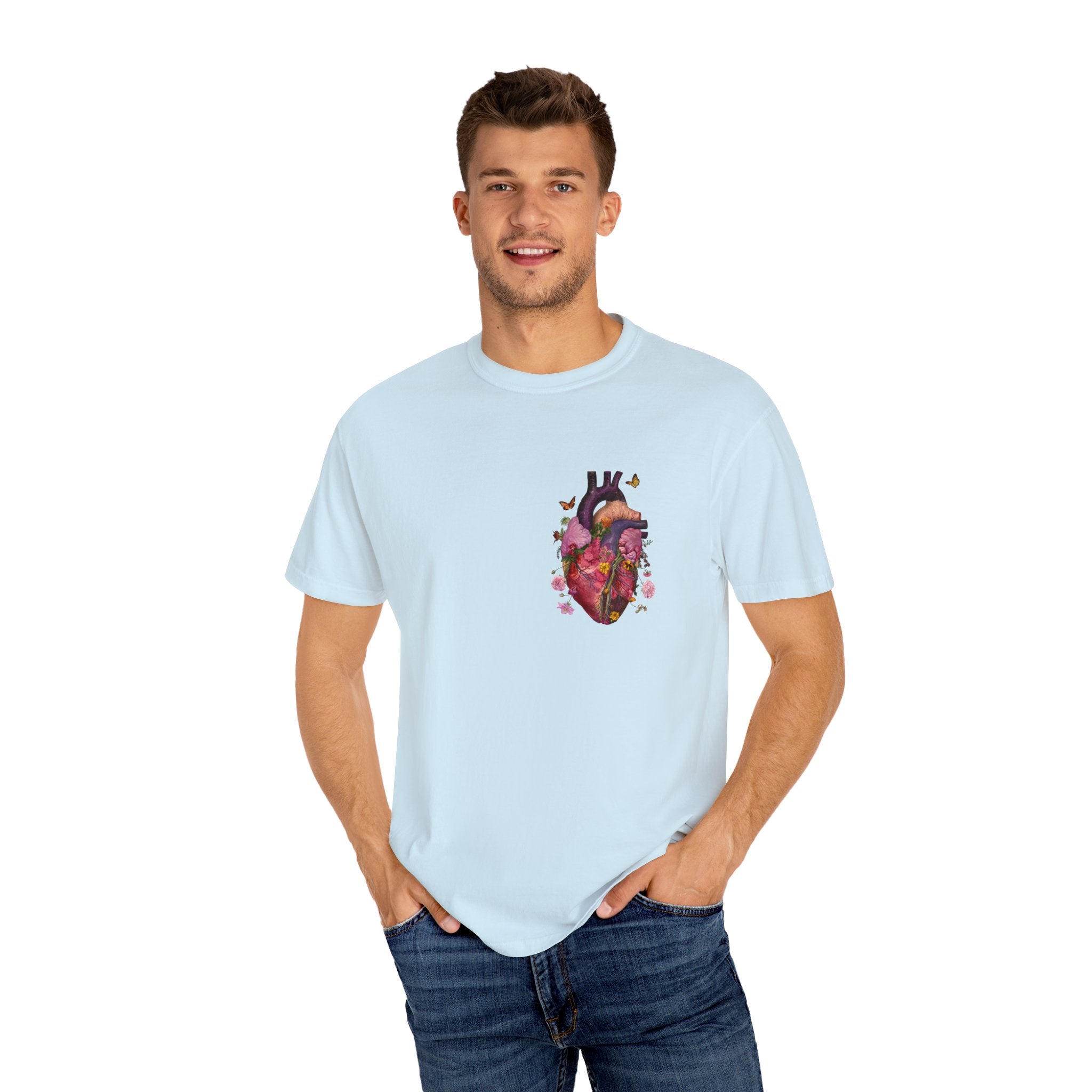 Botanical Heartbeat: Floral Heart Anatomy Unisex Garment-Dyed T-Shirt - Wearable Art with a Touch of Nature