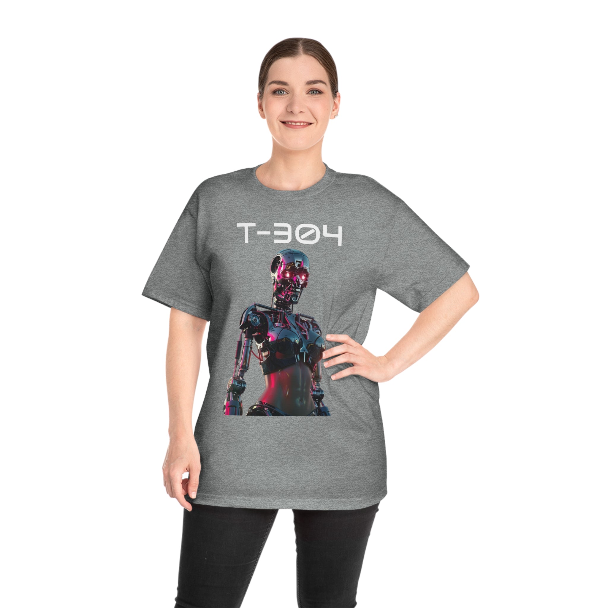 The image presents a sleek, unisex Hammer™ t-shirt, adorned with the T-304 Glam Gal in a vibrant, retro-futuristic design. The tee showcases a high-quality print that captures the essence of Terminator-inspired glam, set against the backdrop of the tee's premium fabric, signaling a perfect blend of comfort and iconic style.