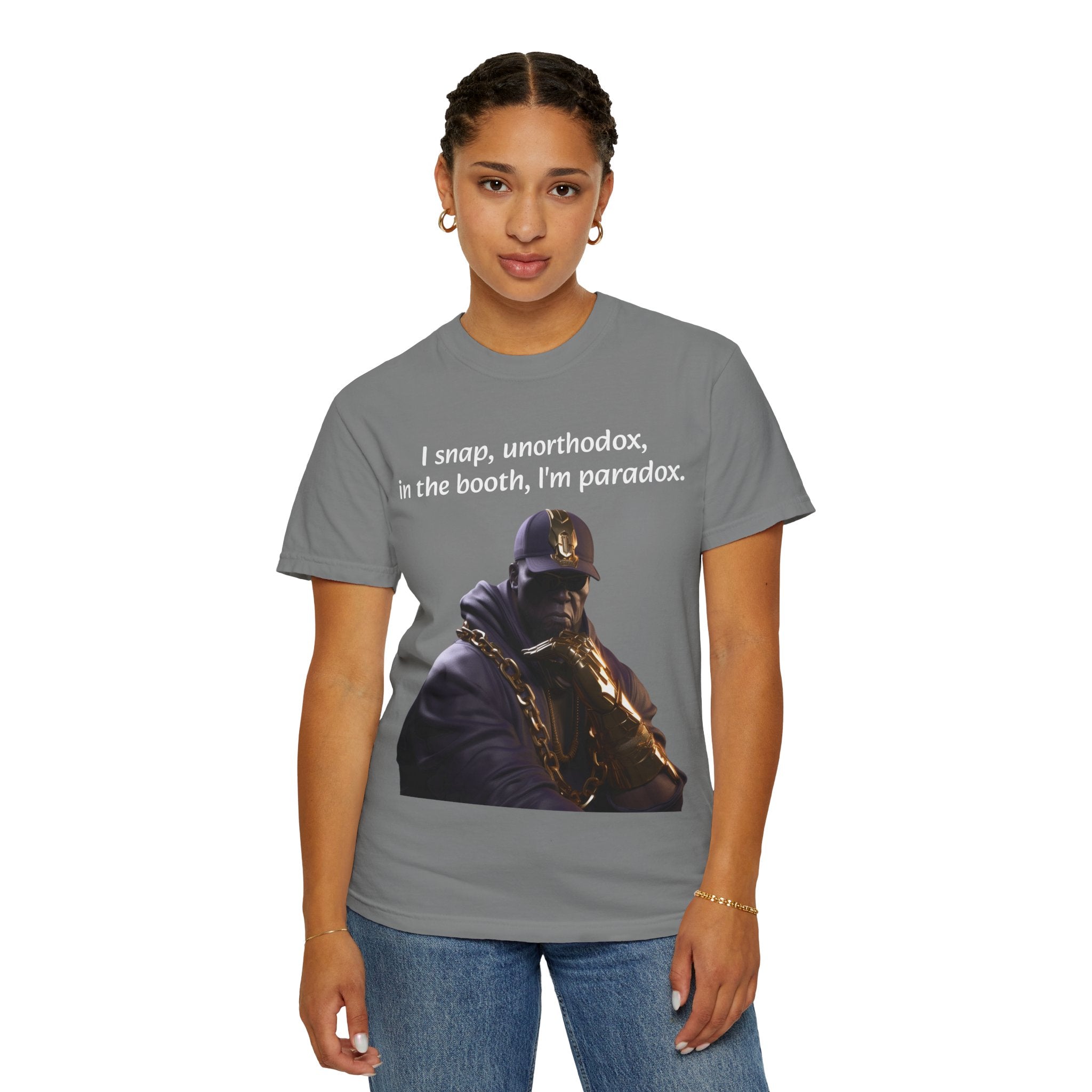 Lyrically Mad Titan T-Shirt: 'I Snap, Unorthodox, in the Booth, I'm Paradox' - Cosmic Warlord Inspired Hip Hop Unisex Garment-Dyed Tee for Urban Wear Enthusiasts