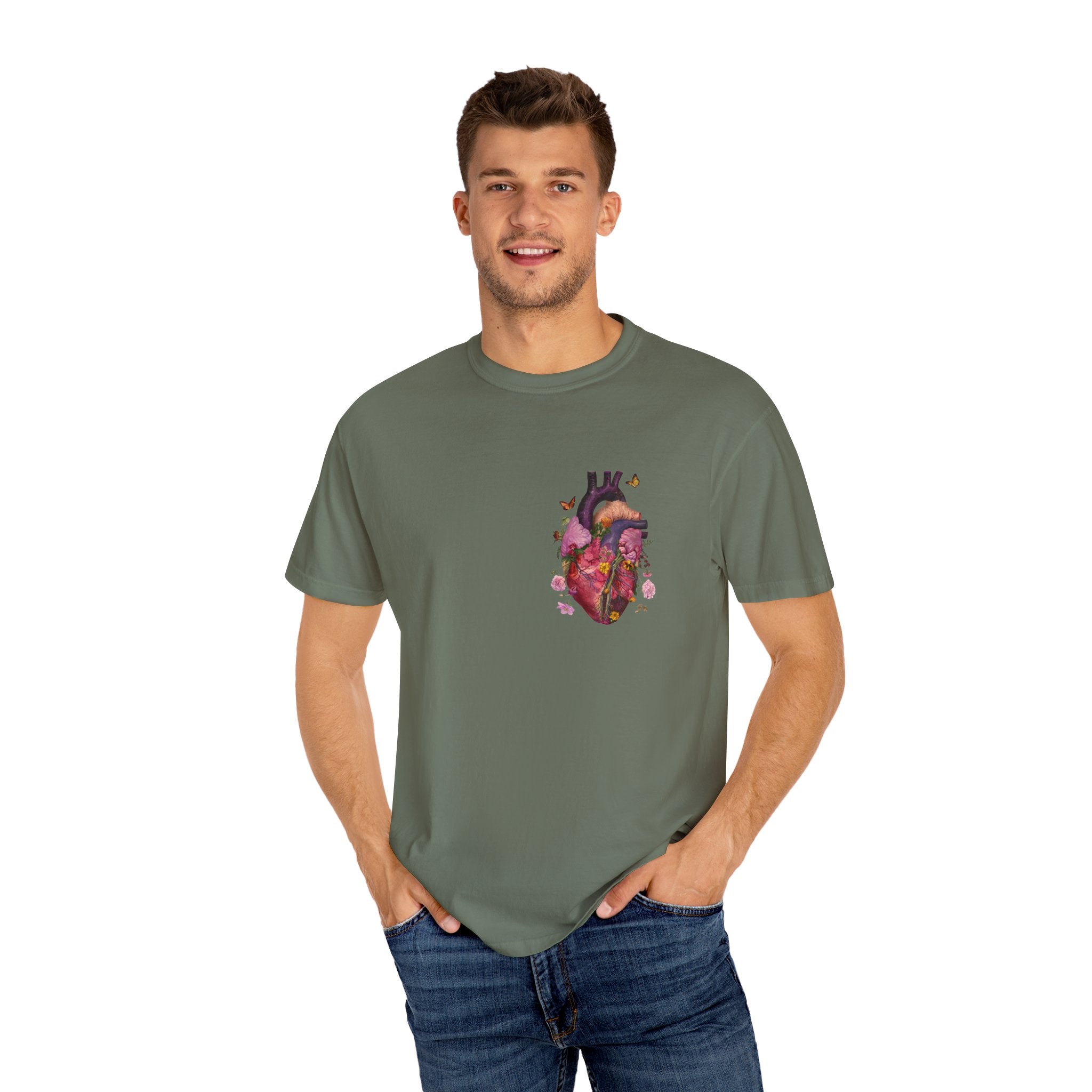 Botanical Heartbeat: Floral Heart Anatomy Unisex Garment-Dyed T-Shirt - Wearable Art with a Touch of Nature