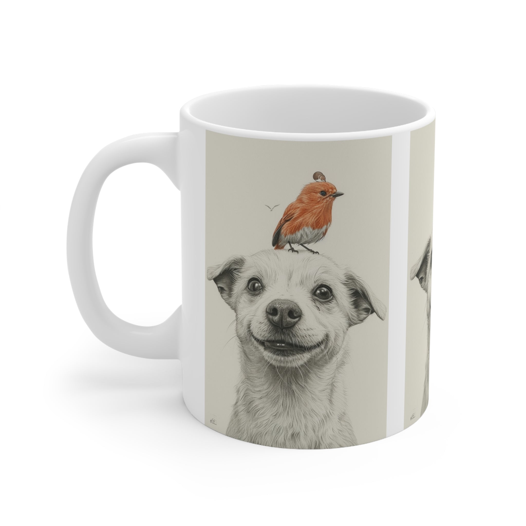 Enjoy Your Morning Brew with Canine and Avian Companionship - Dog and Bird Sidekick Ceramic Mug 11oz for Coffee Lovers