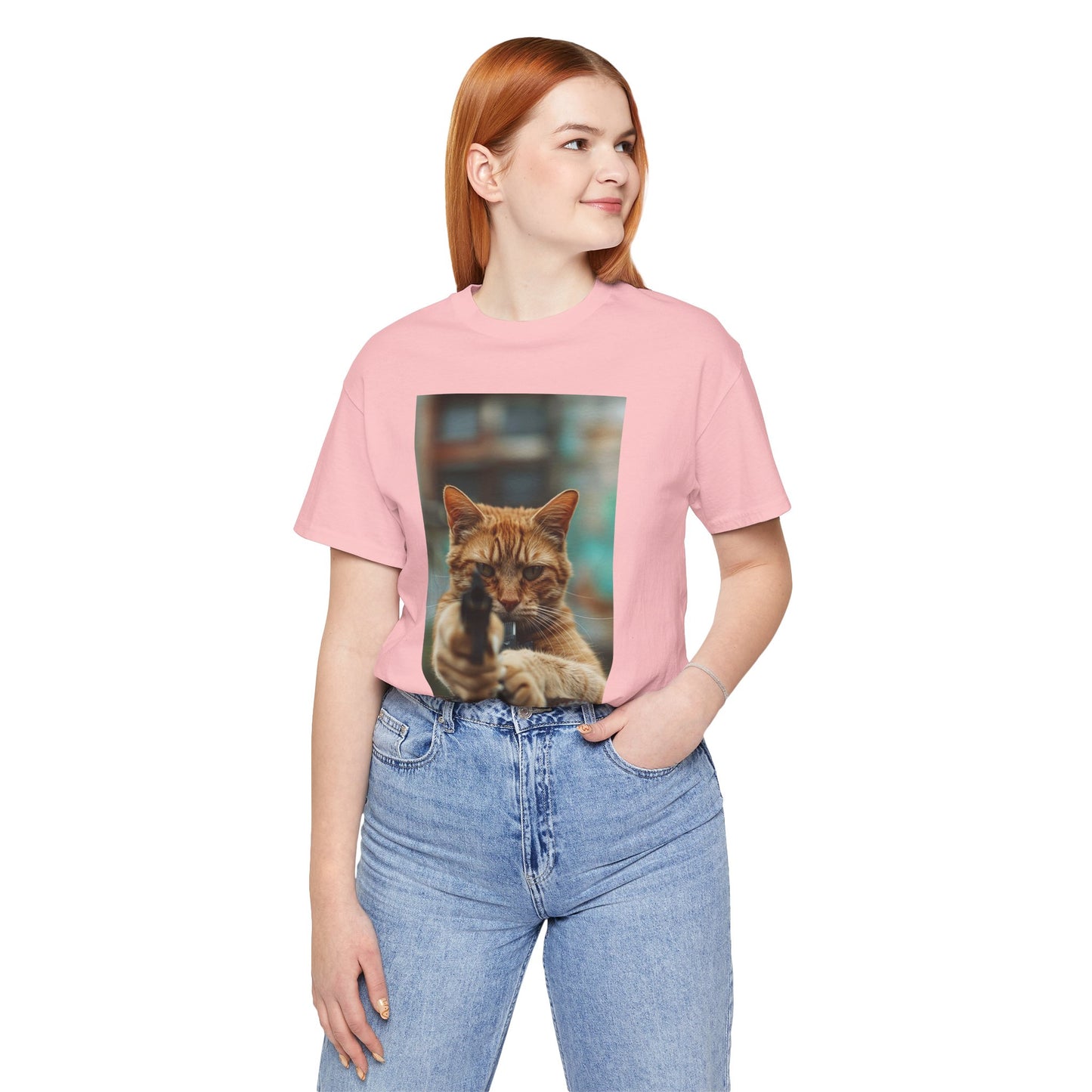 Stealth Paws: Feline Hitman Women's Jersey Short Sleeve Tee - Quirky Cat-Themed Apparel for Fashion-Forward Cat Lovers