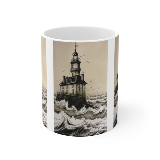 "Lighthouse Against the White Surf of Waves" Ceramic Mug 11oz - Pair it with Nautucal Kitchen Theme & Nautical Elegance for Coffee Lovers Gift for Teachers Gift for Employees or Boss