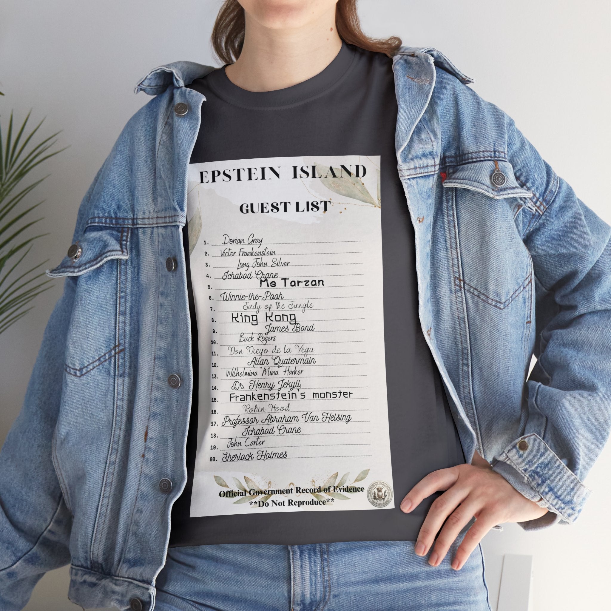 Women's Shirt Top Creepy Island Baron Guest List" Funny Parody Unisex Heavy Cotton Tee Funny T-Shirt of E-Island Guest List Funny Shirt for Him for Funny Events