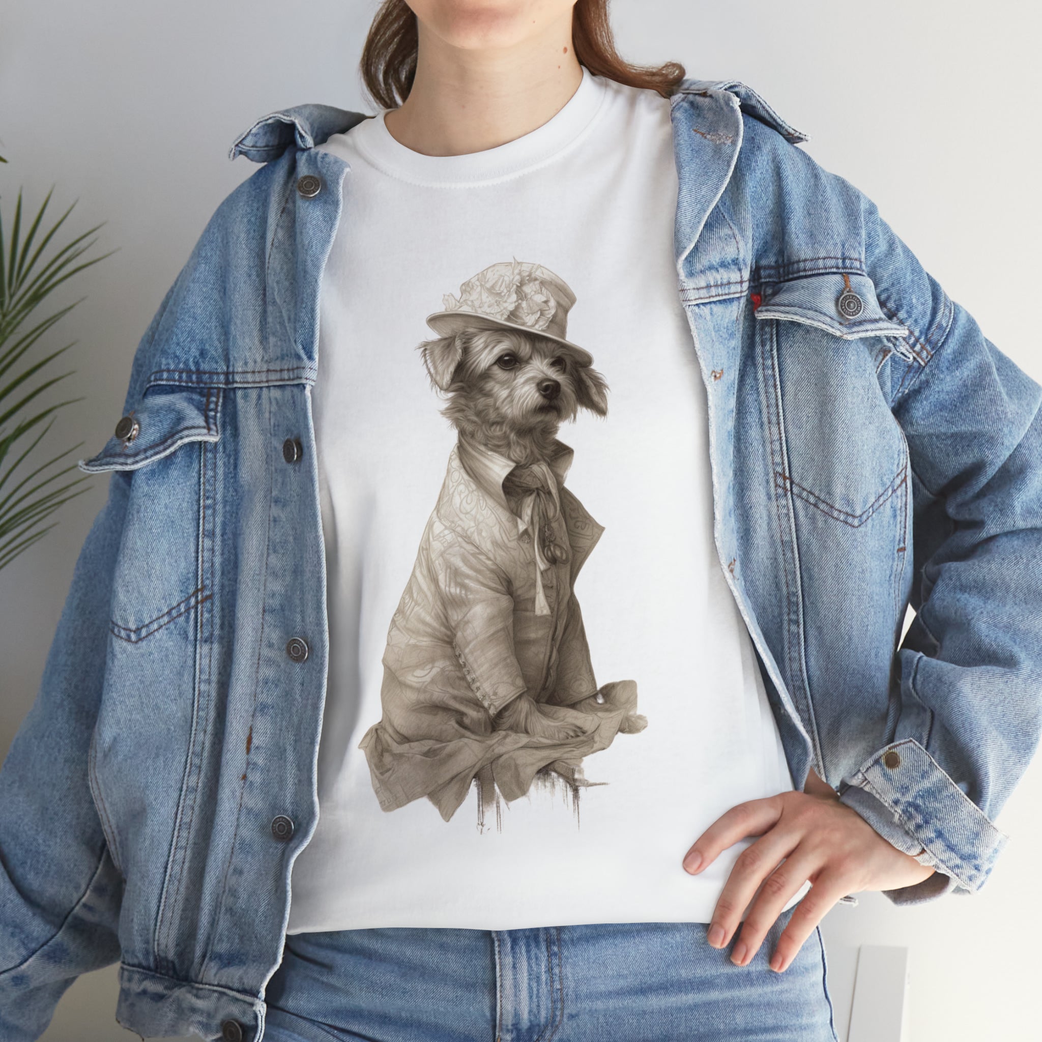 Unisex Heavy Cotton Tee-Distinguished Canine Tramp" Unisex Heavy Cotton Tee - Pencil Drawn Art with Floral Accents