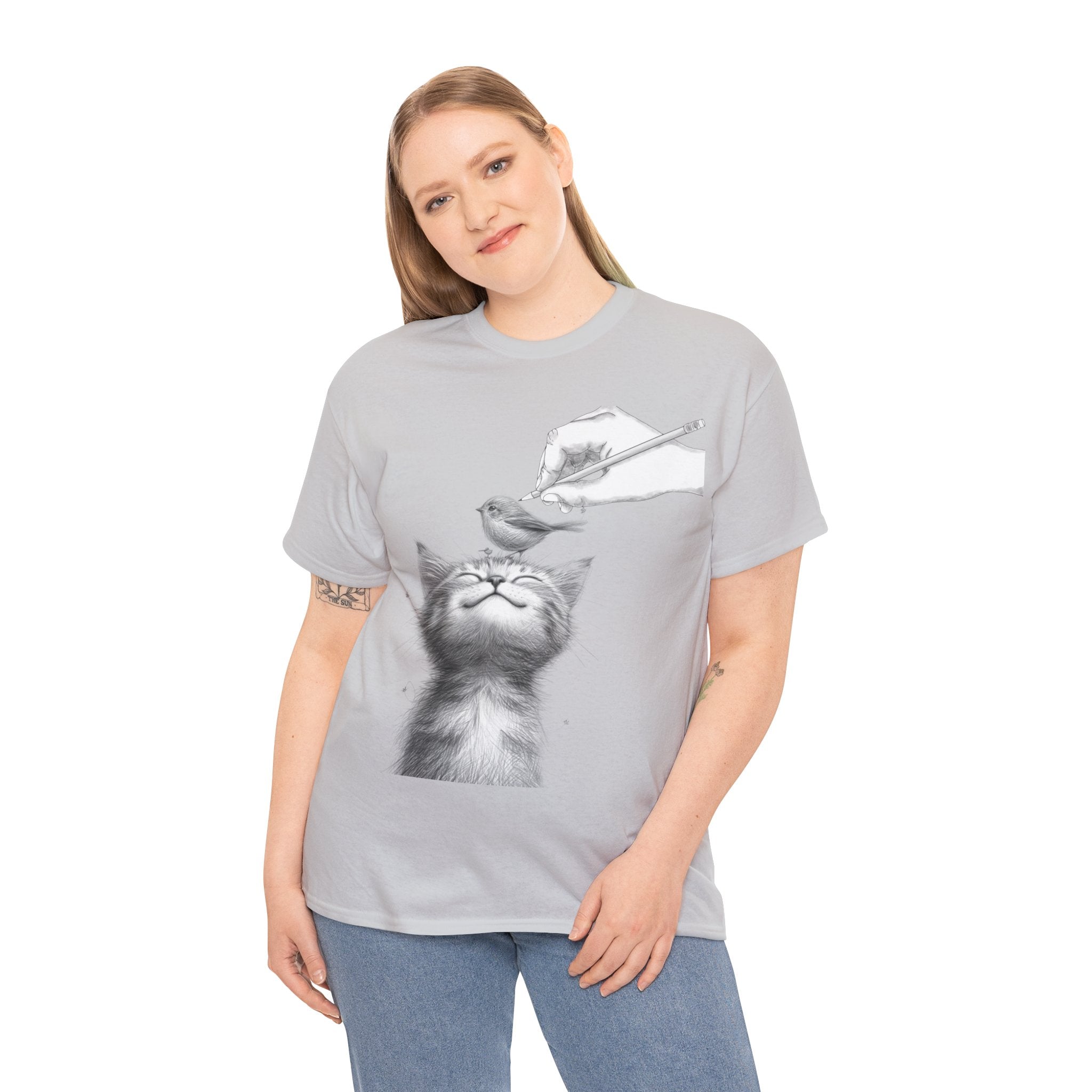 Cute Top for Artist Gift Women's Discover Artistic Elegance: Sketch Hand Drawing Bird and Cat Friendship Unisex Heavy Cotton Tee - Unique Design for Art Enthusiasts