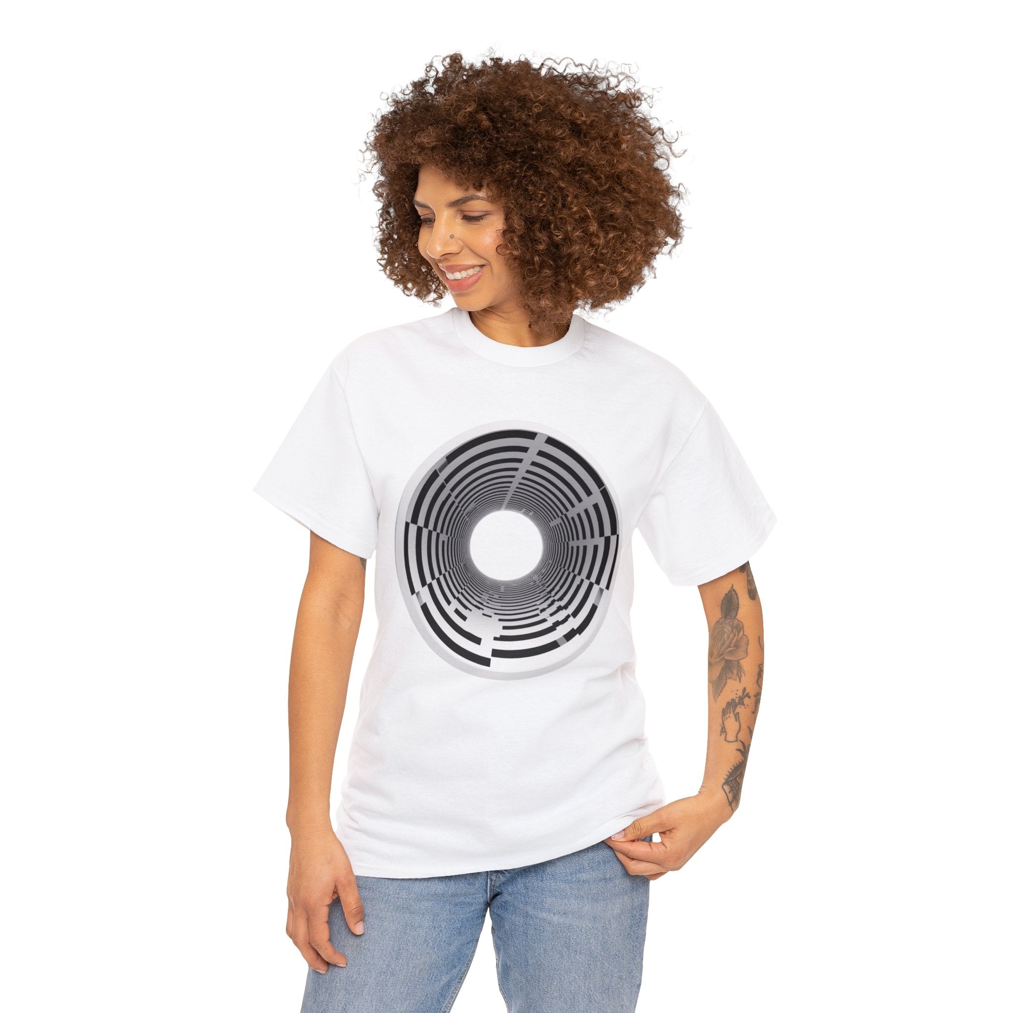 Women's Cute T-Shirt Gym & Anti-Social Settings 🚫 'Avert Your Eyes' Unisex Tee: Bold 3D Tunnel Design on T-shirt Uncomfortable Optical Illusion in Black & White 🌀