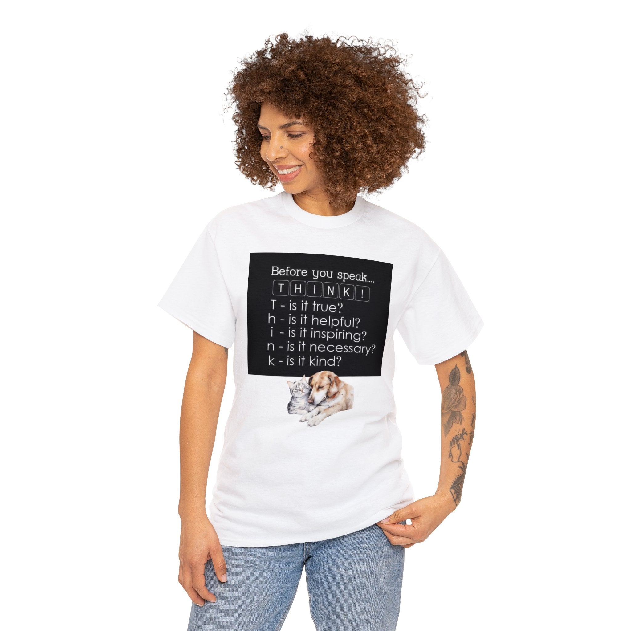 T.H.I.N.K Acronym Kindness Dog and Cat Comfy Friends Unisex Heavy Cotton Tee - Spread Positivity & Friendship