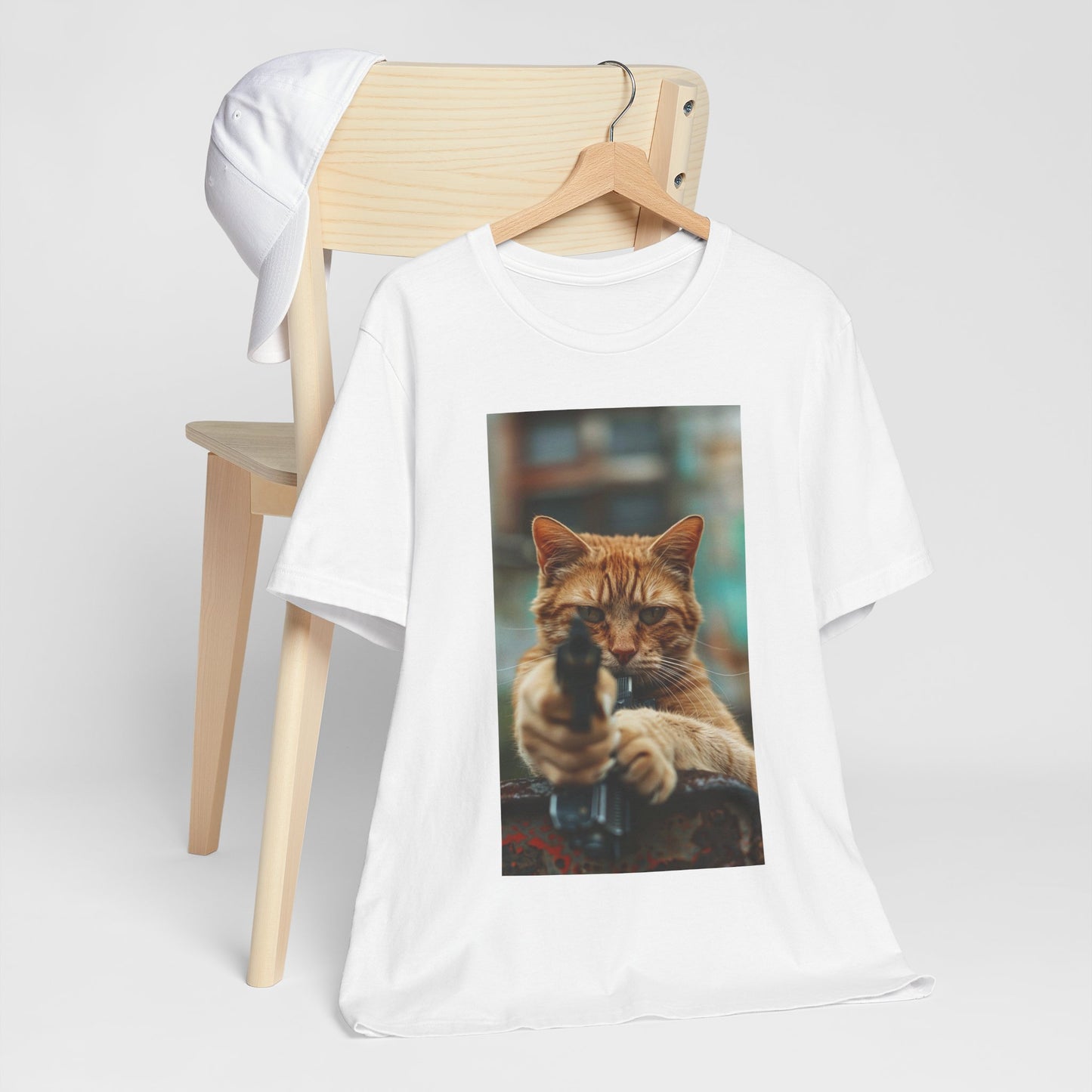 Stealth Paws: Feline Hitman Women's Jersey Short Sleeve Tee - Quirky Cat-Themed Apparel for Fashion-Forward Cat Lovers