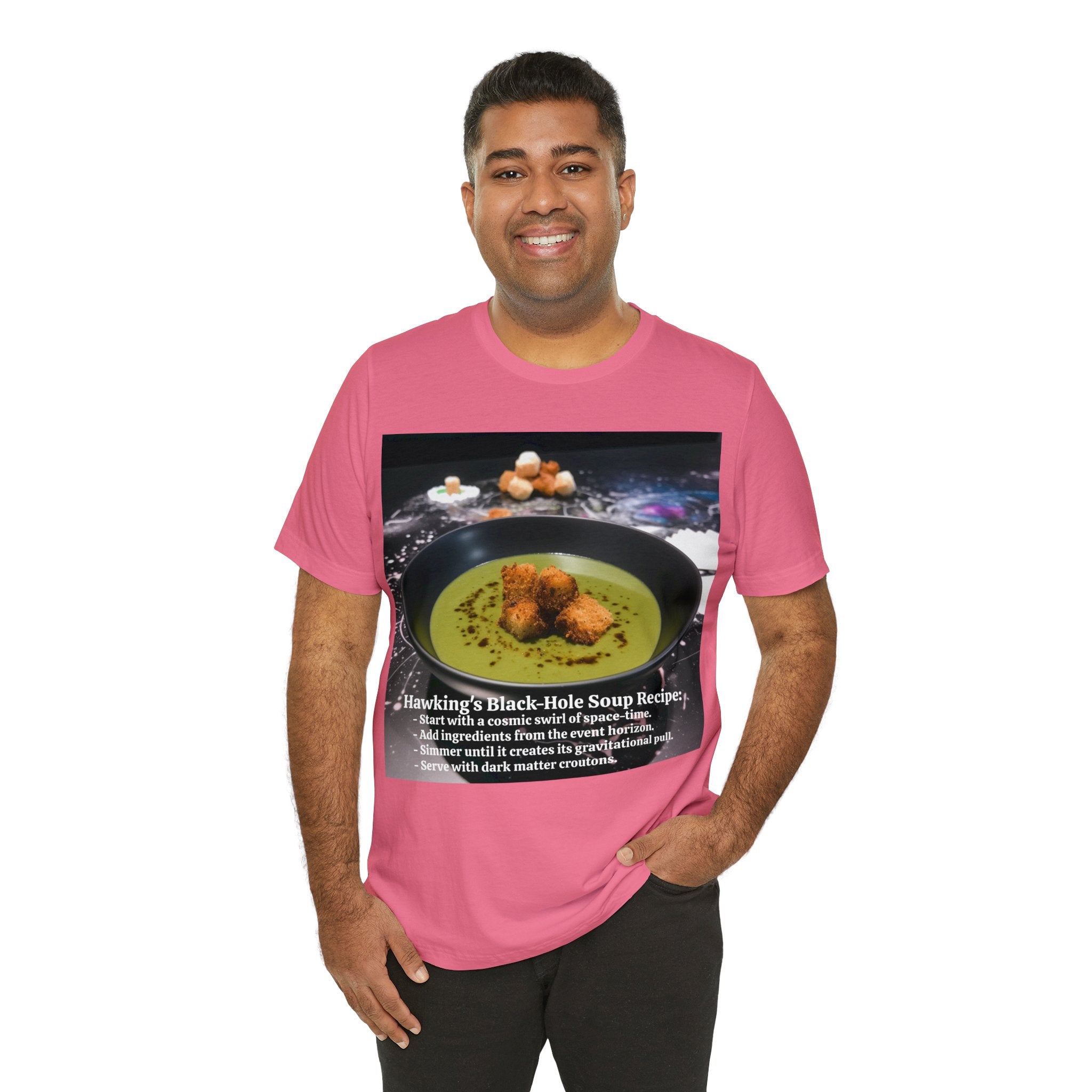 Show Your Charisma and Intellect with Hawking's Black-Hole Soup: A Cosmic Culinary Adventure Unisex Jersey Short Sleeve Tee