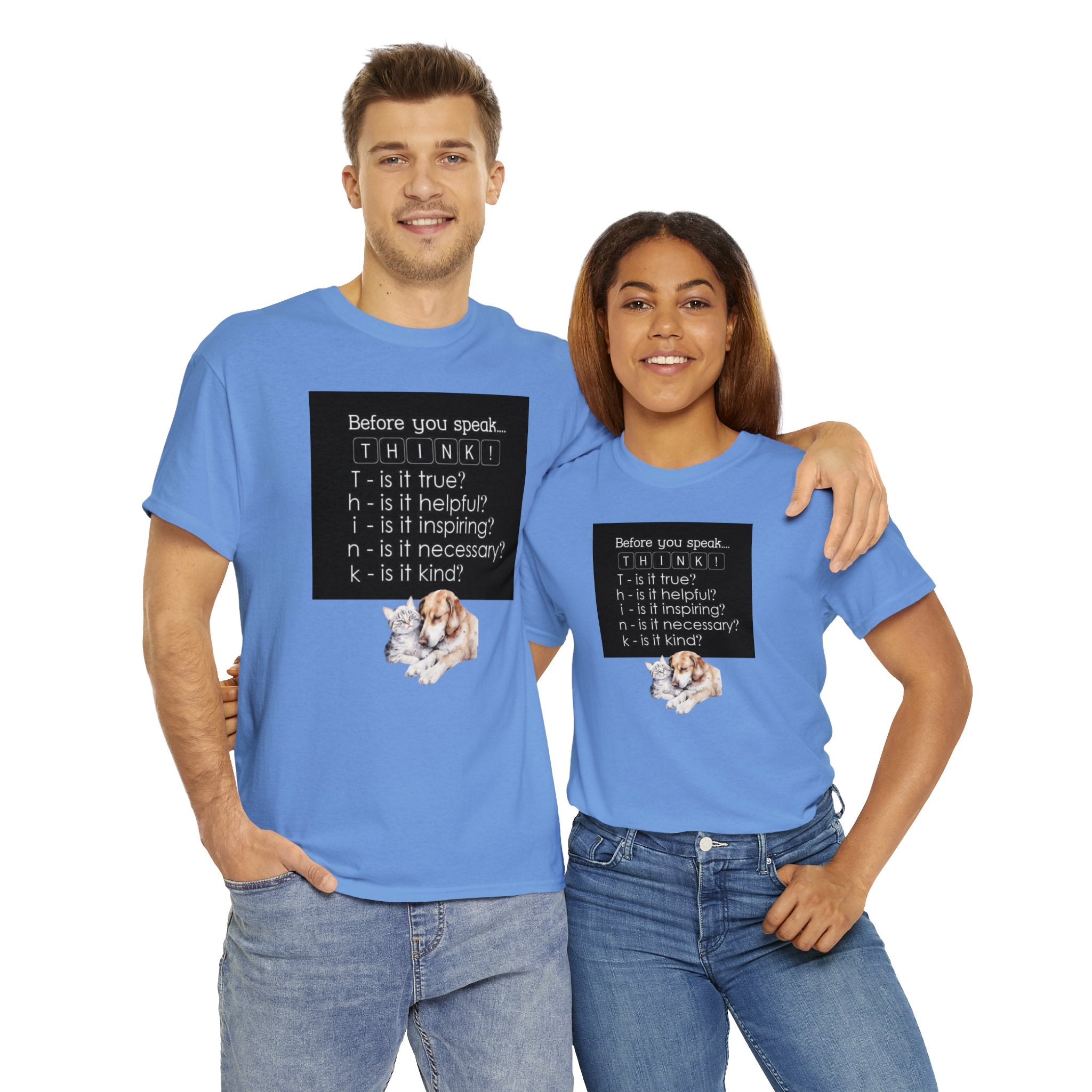 T.H.I.N.K Acronym Kindness Dog and Cat Comfy Friends Unisex Heavy Cotton Tee - Spread Positivity & Friendship