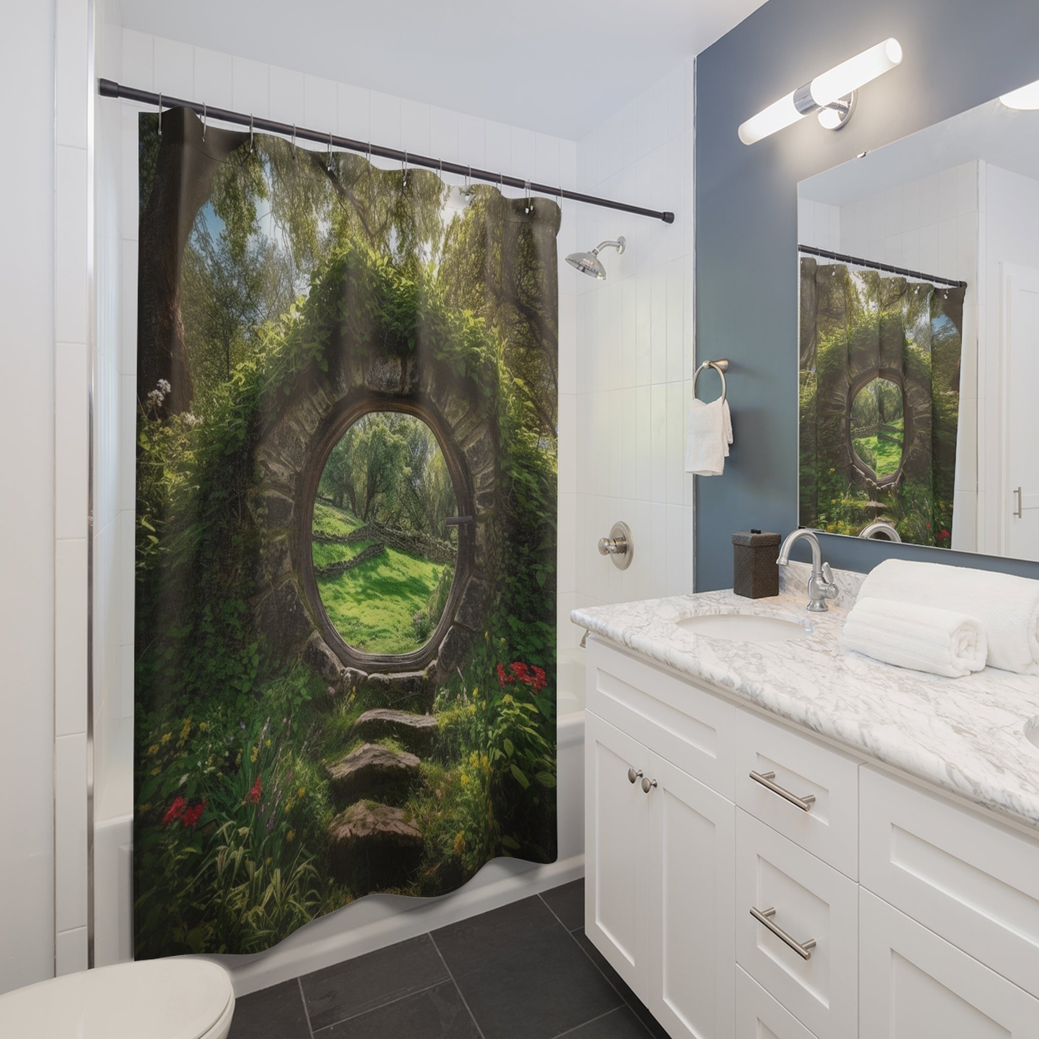 Step into Enchantment with Our Mysterious Meadow Illusion Portal Tapestry & Shower Curtain - Perfect for Fantasy Bathroom Decor and Contemporary Home Décor 🌟🏢🛁