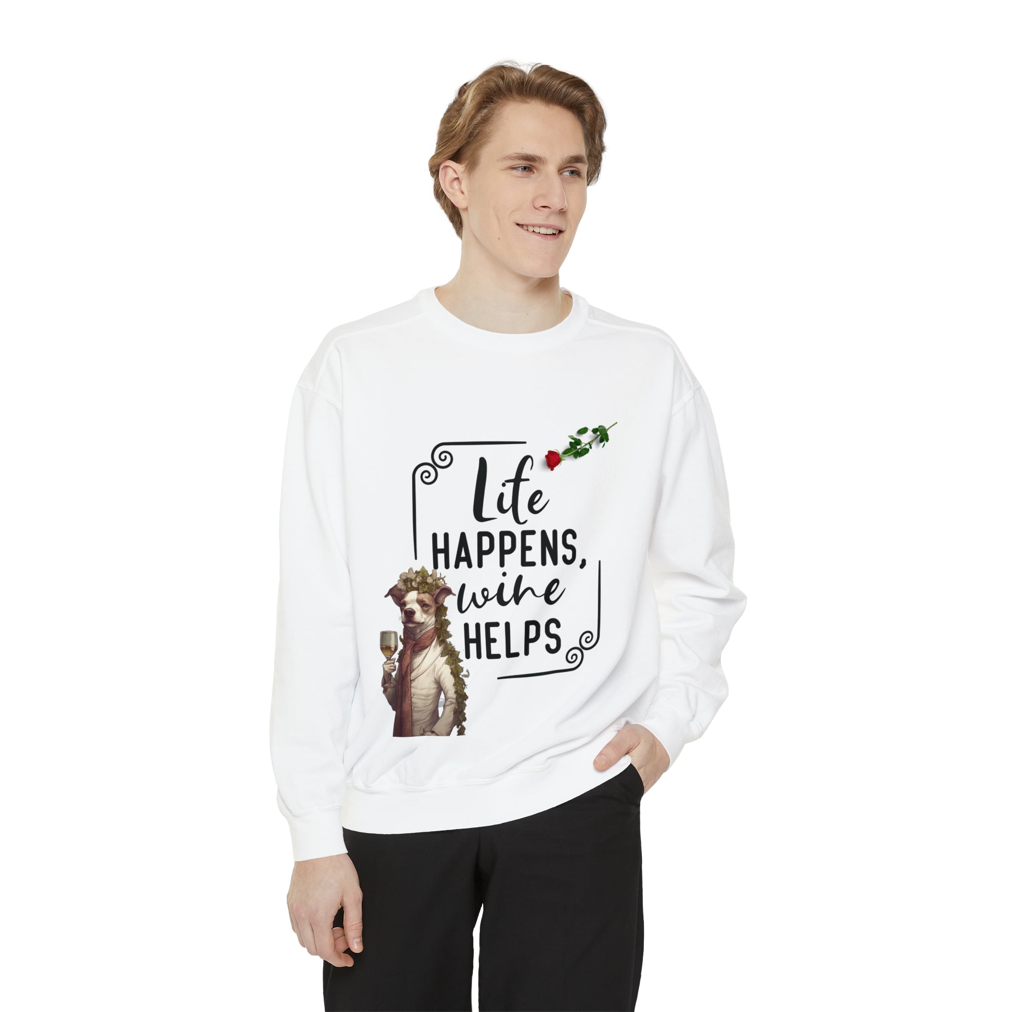 Women's Garment-Dyed Sweatshirt "Life Happens Wine Helps" Shirt for Wine Lovers